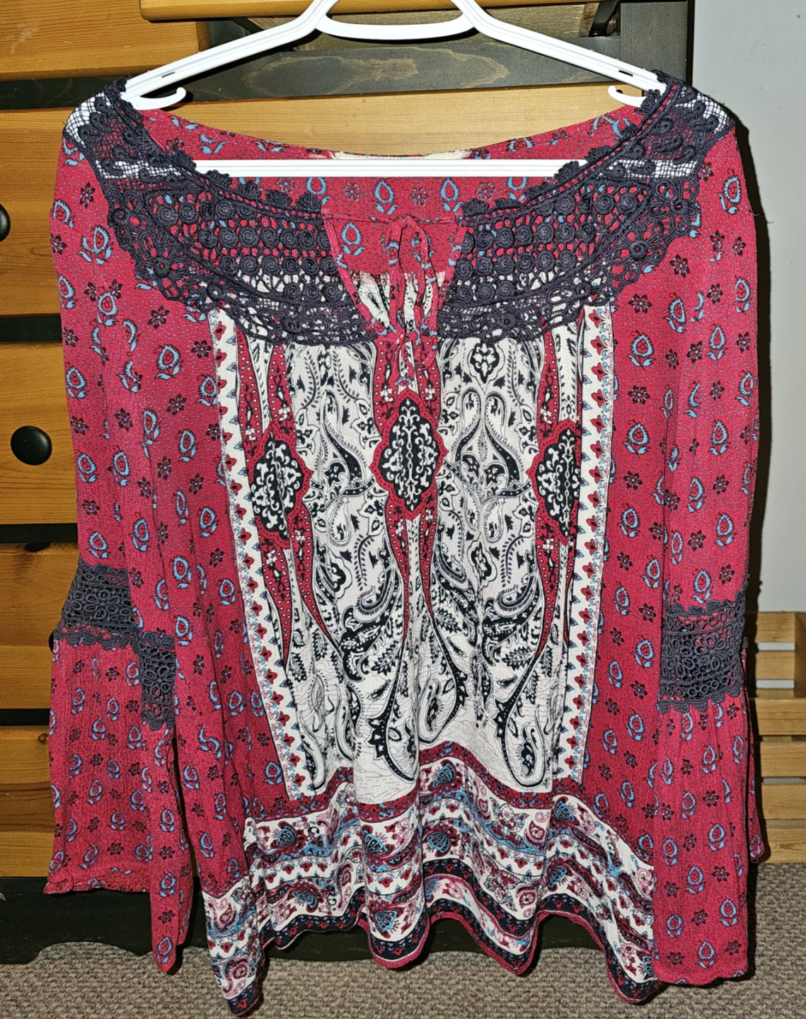 Boho Red Paisley Print Long Sleeve Blouse