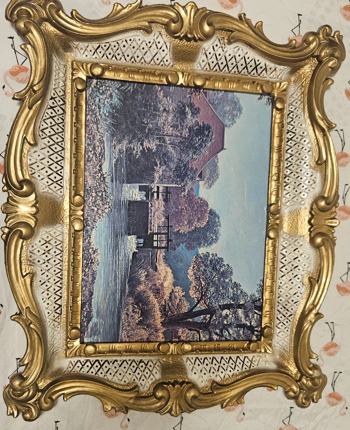 Vintage Ornate Gold Wall Frame with Landscape Art