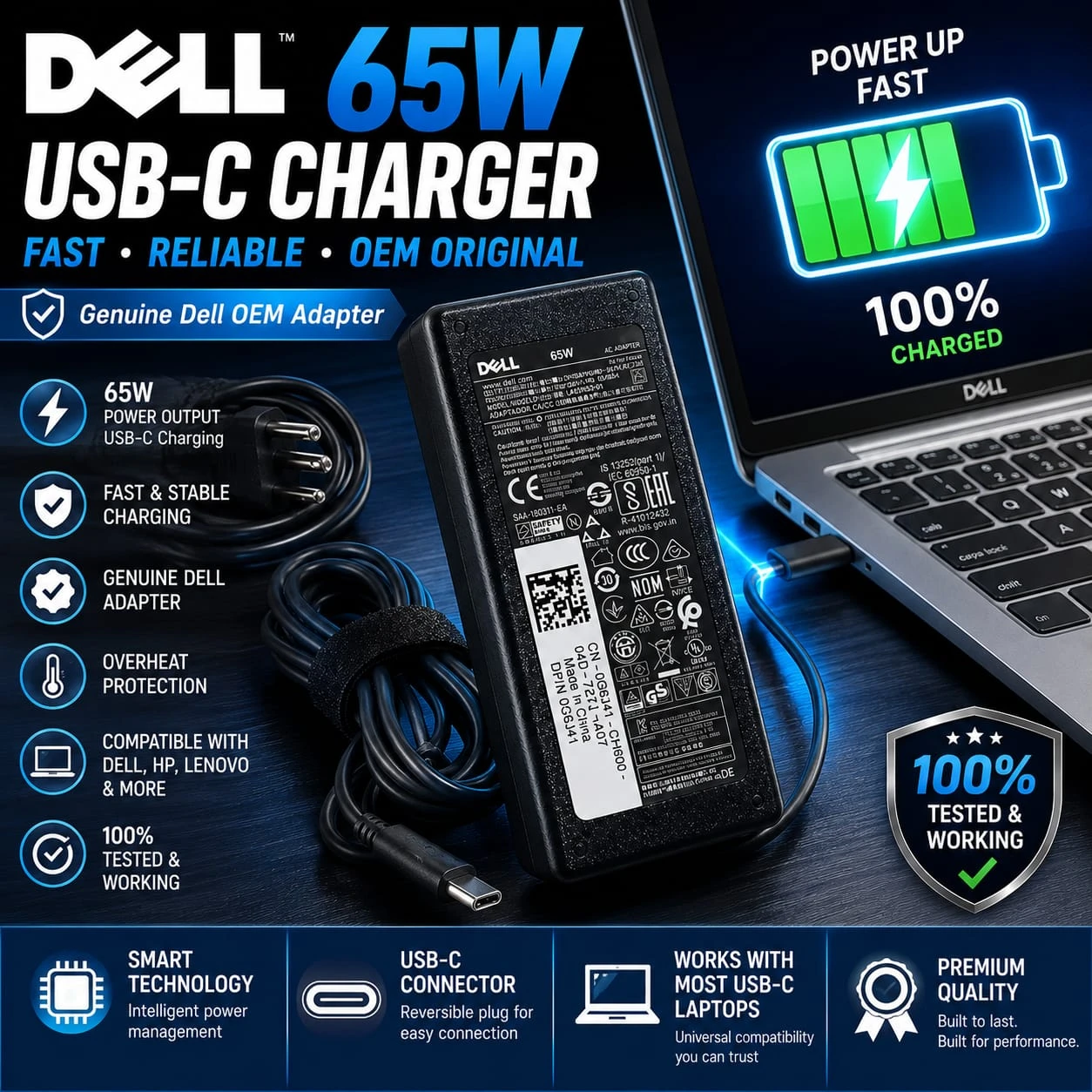 Genuine Dell 65W USB-C Laptop Charger OEM AC Adapter