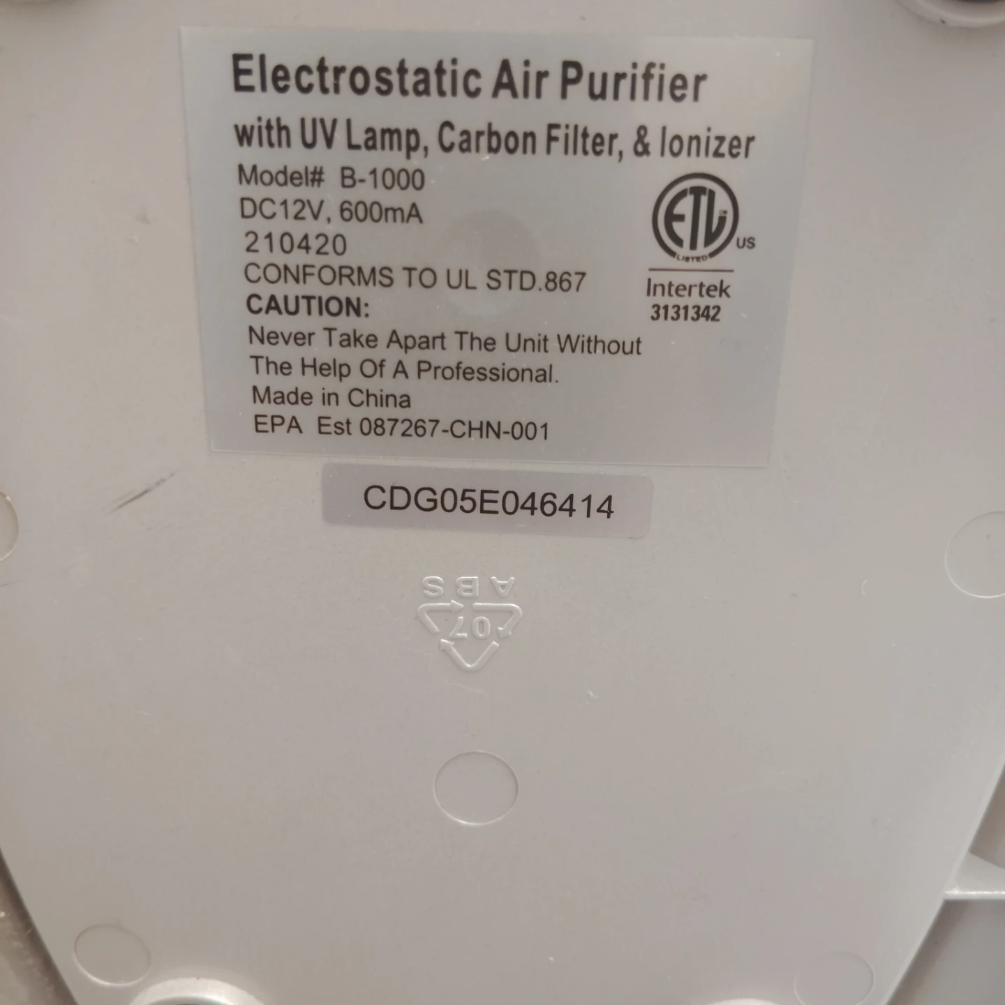 O-Ion B-1000 Electrostatic Air Purifier with UV Light & Ionizer - photo 2