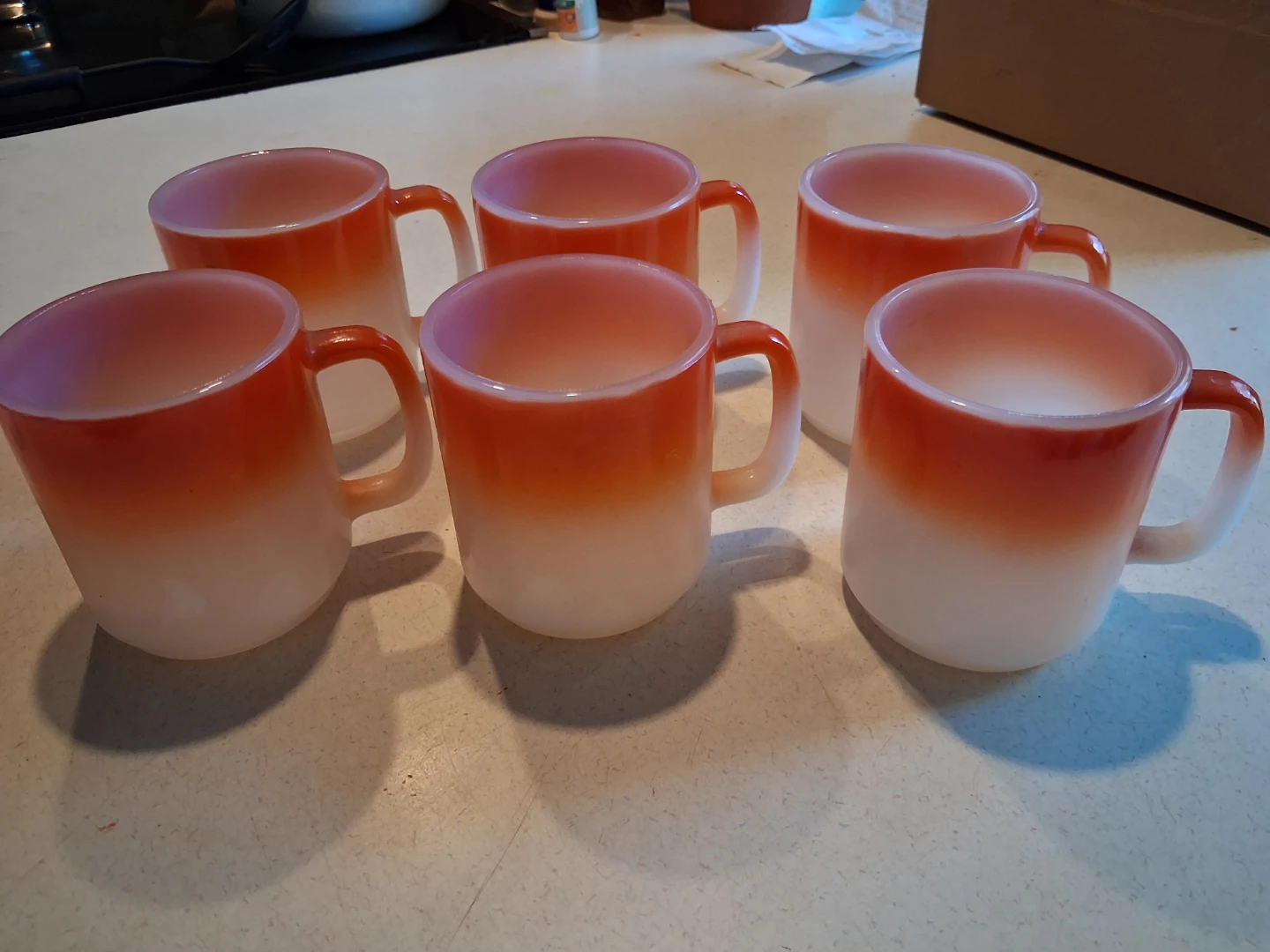 Set of 6 Orange Ombre  Fade Milk Glass Mugs