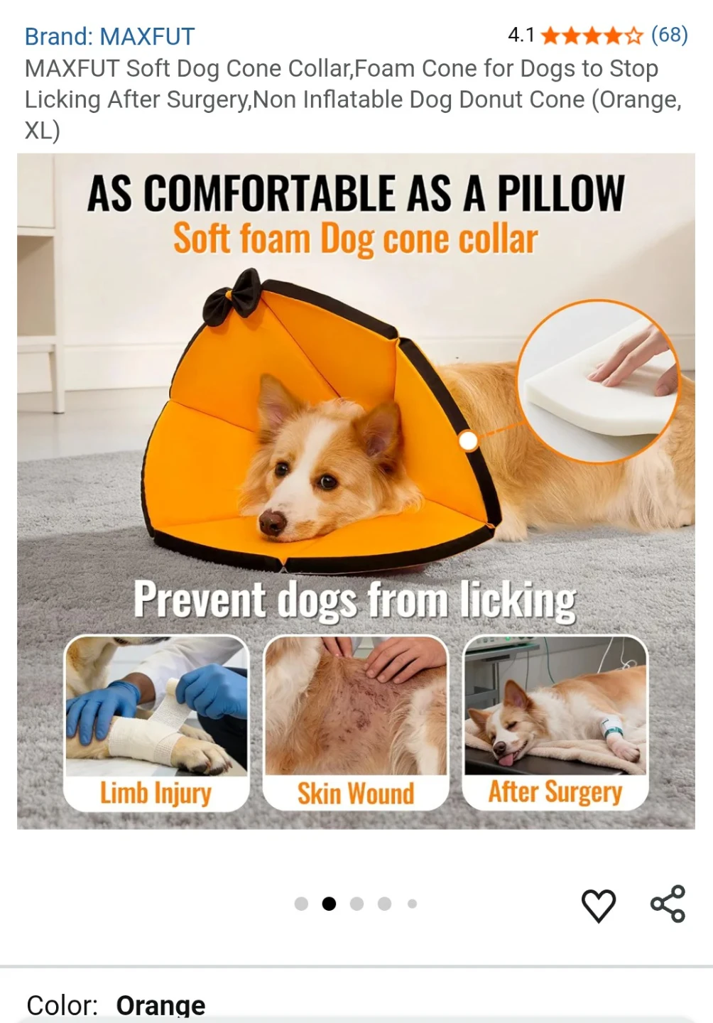 MAXFUT Soft Dog Cone Collar - Orange, XL - photo 2