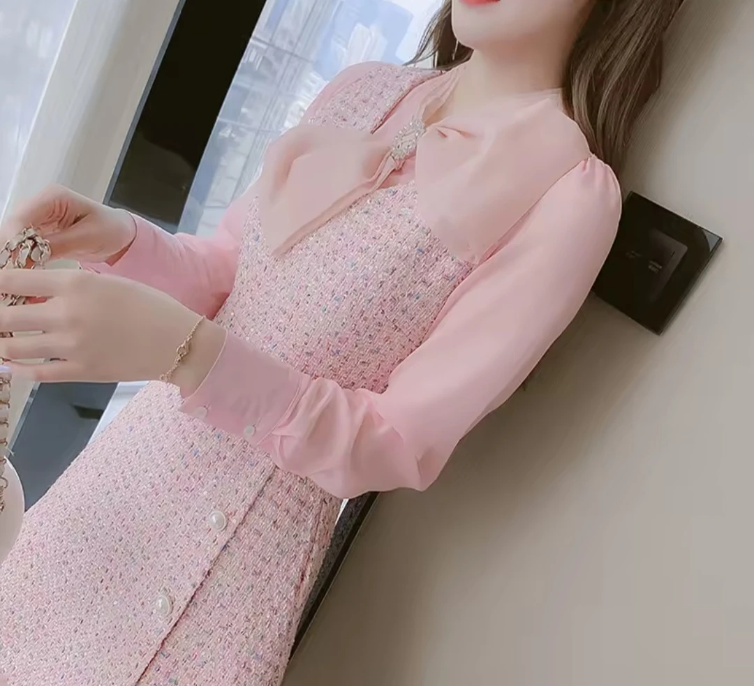 Pink Tweed Dress with Bow Detail