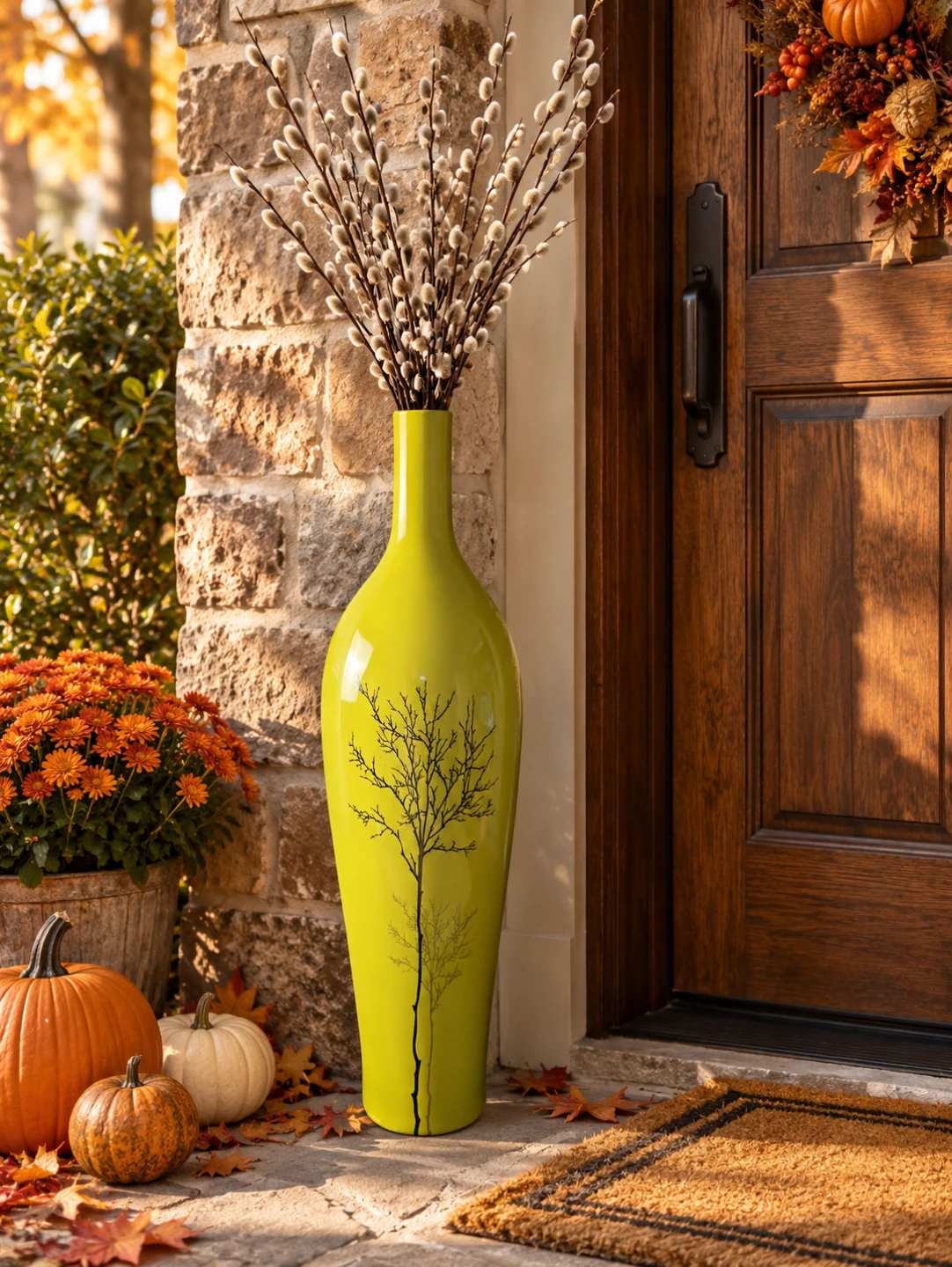 Large Green Decorative Floor Vase with Fall  Tree Design