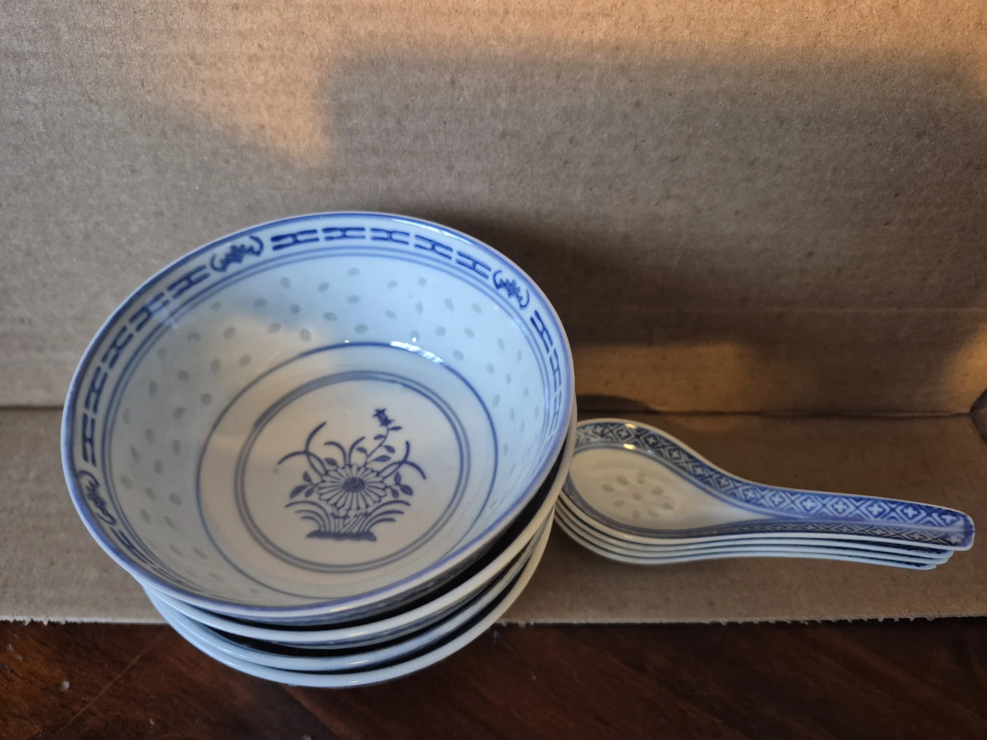 Blue and White Porcelain Rice Bowls and Spoons