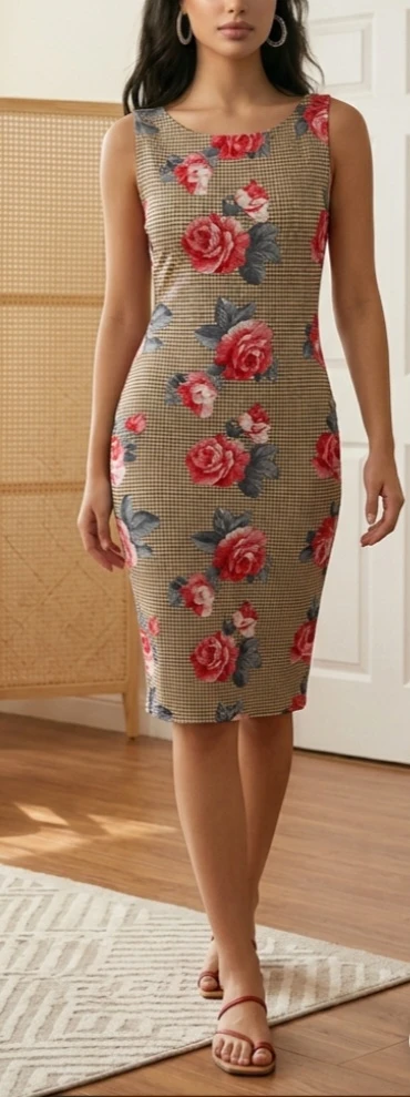 Shein Floral Print Houndstooth Pencil Dress