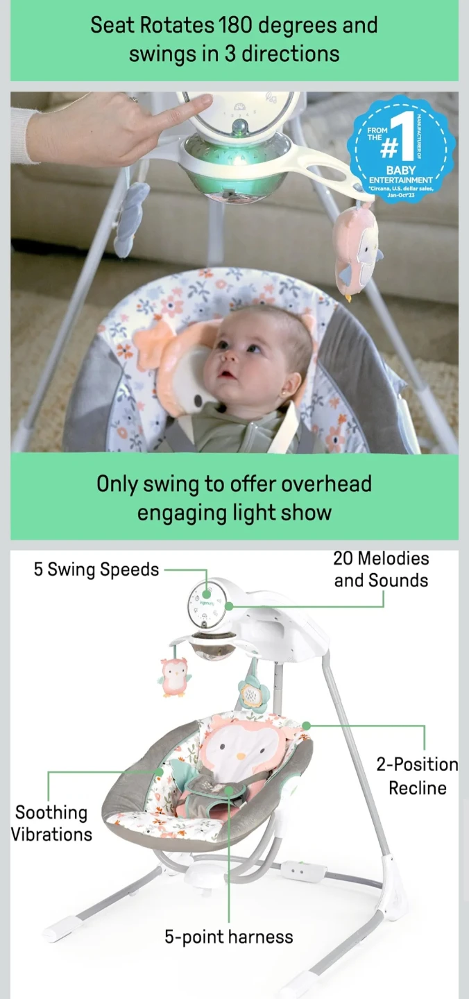 Ingenuity InLighten 5-Speed Baby Swing - Swivel Infant Seat - photo 4