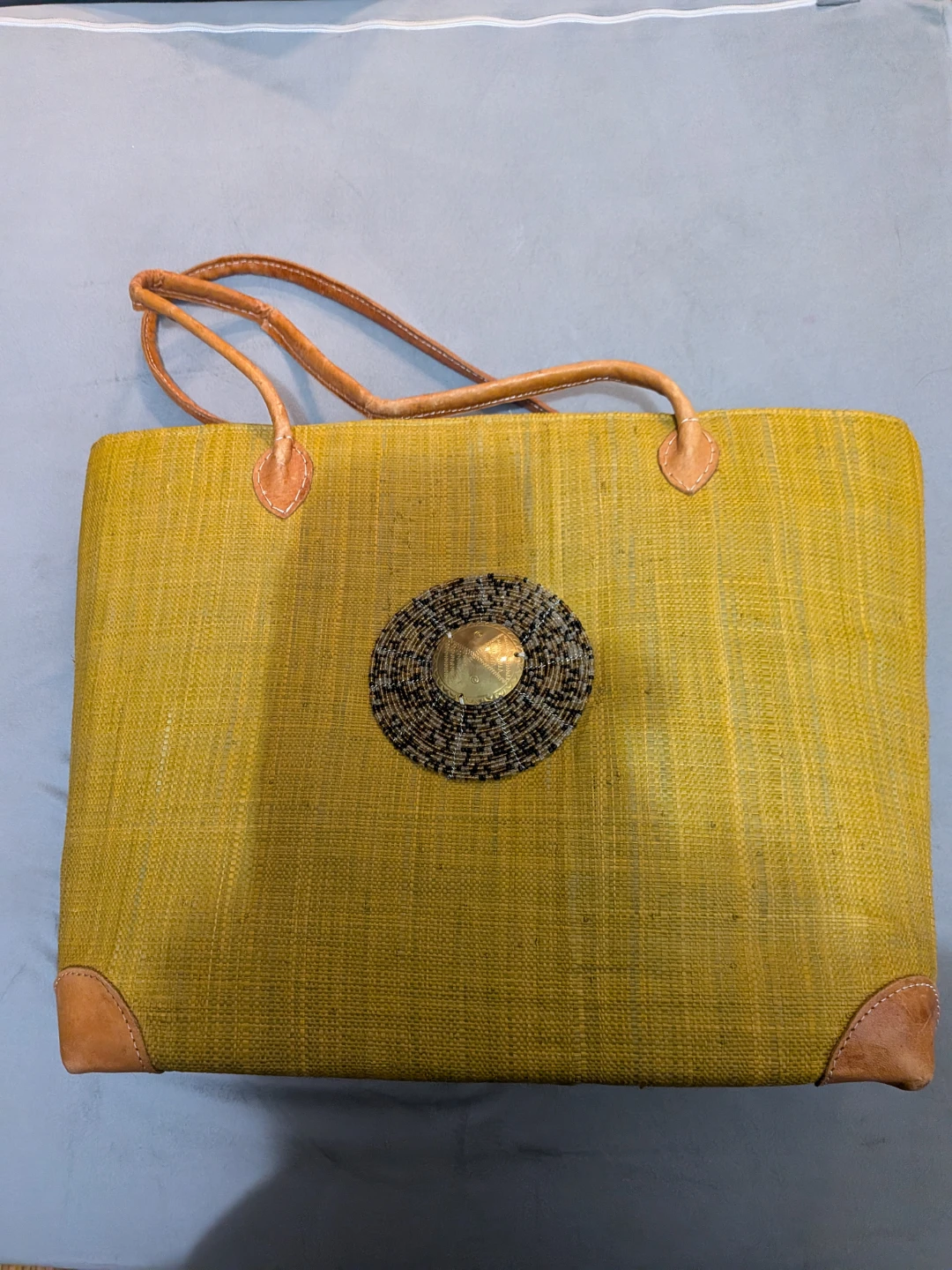 Woven Mustard Yellow Tote Bag with Leather Accents