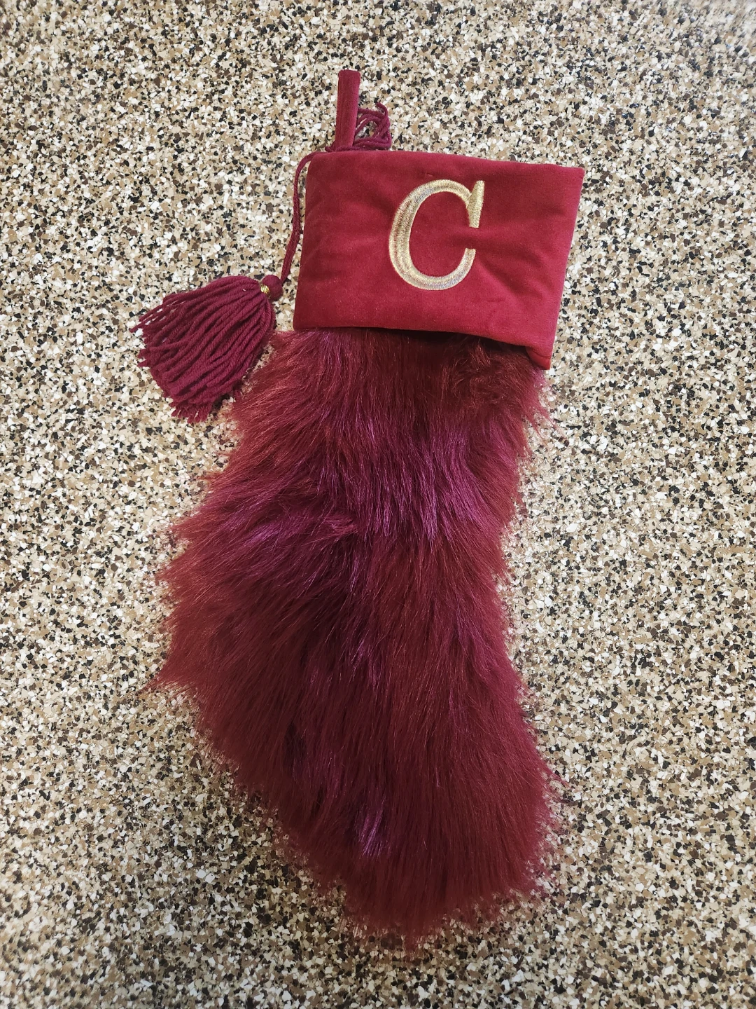 Burgundy Faux Fur Christmas Stocking with "C" Initial