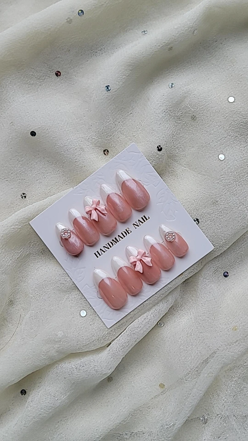 Handmade Press-on Nails with Bow and Flower Accents