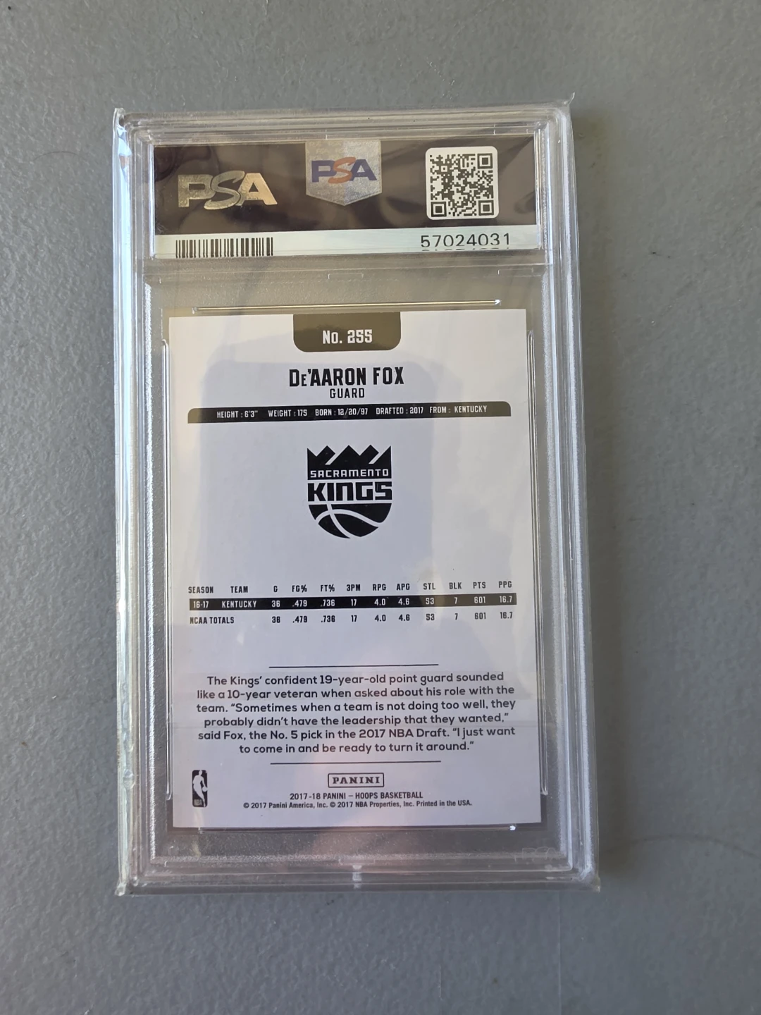 2017 Panini Hoops De'Aaron Fox Rookie Card PSA 10 - photo 4