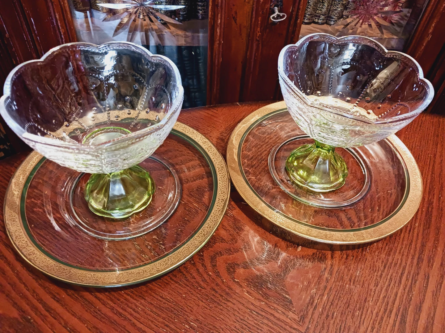 Set of 2 Vintage Green Glass Dessert Bowls w/22K plates