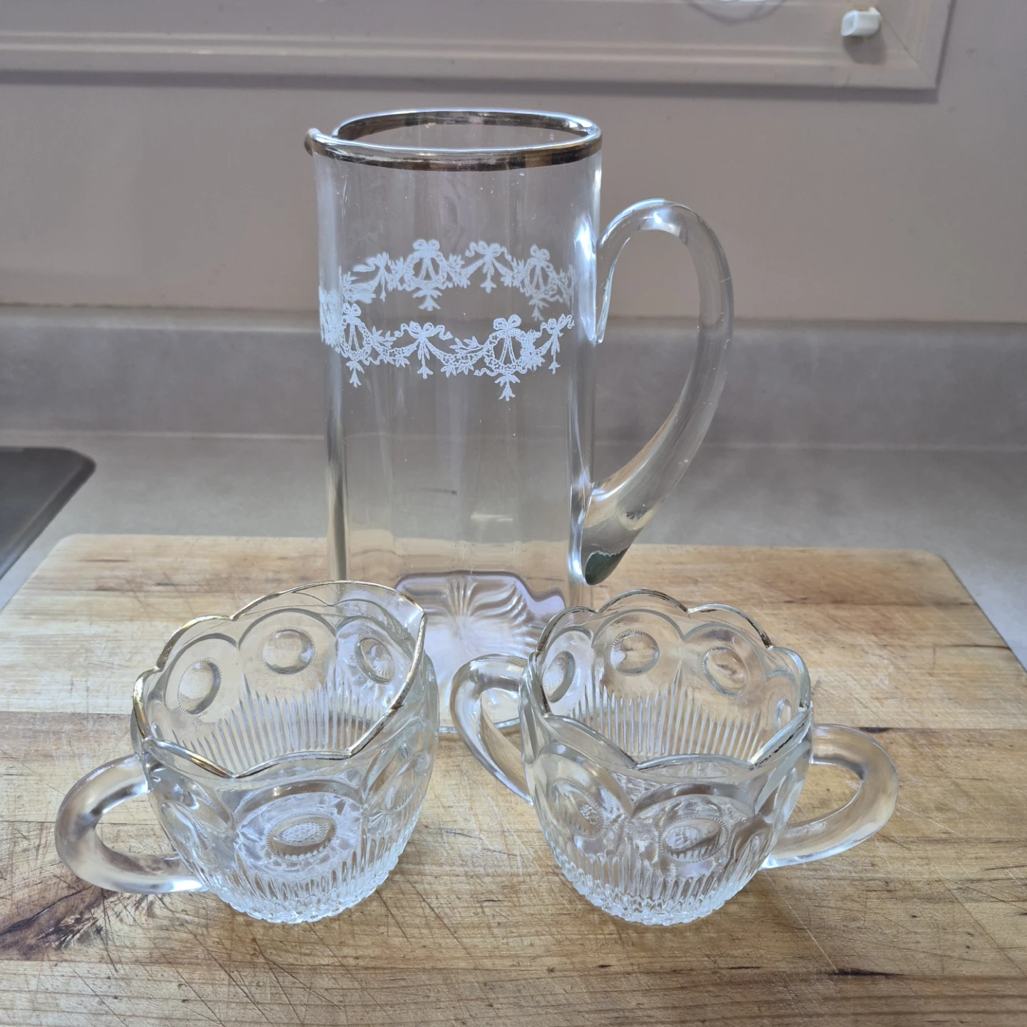Vintage Clear Glass Cream and Sugar Set with Pitcher