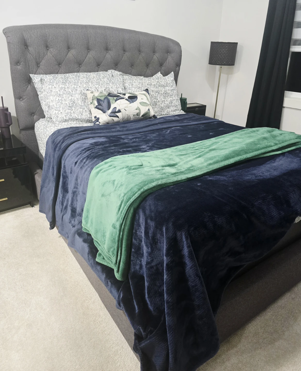 Queen size Grey Upholstered Tufted Bed Frame with matching bench