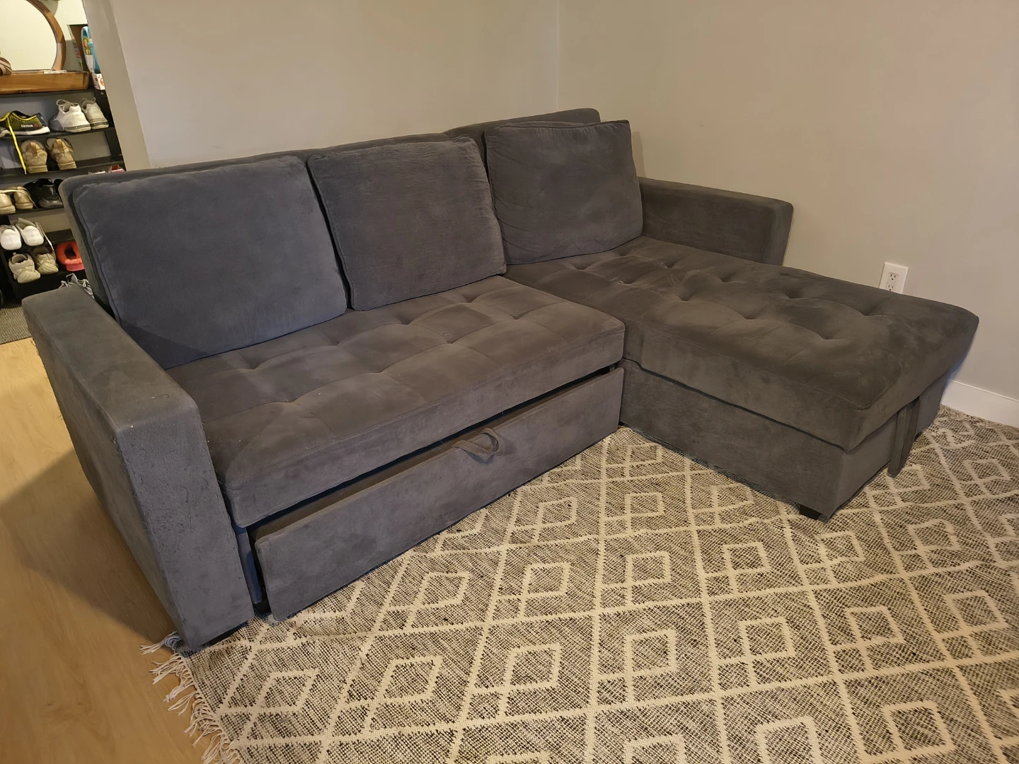 Large Grey Sectional Sofa with Pull-Out Bed and Storage