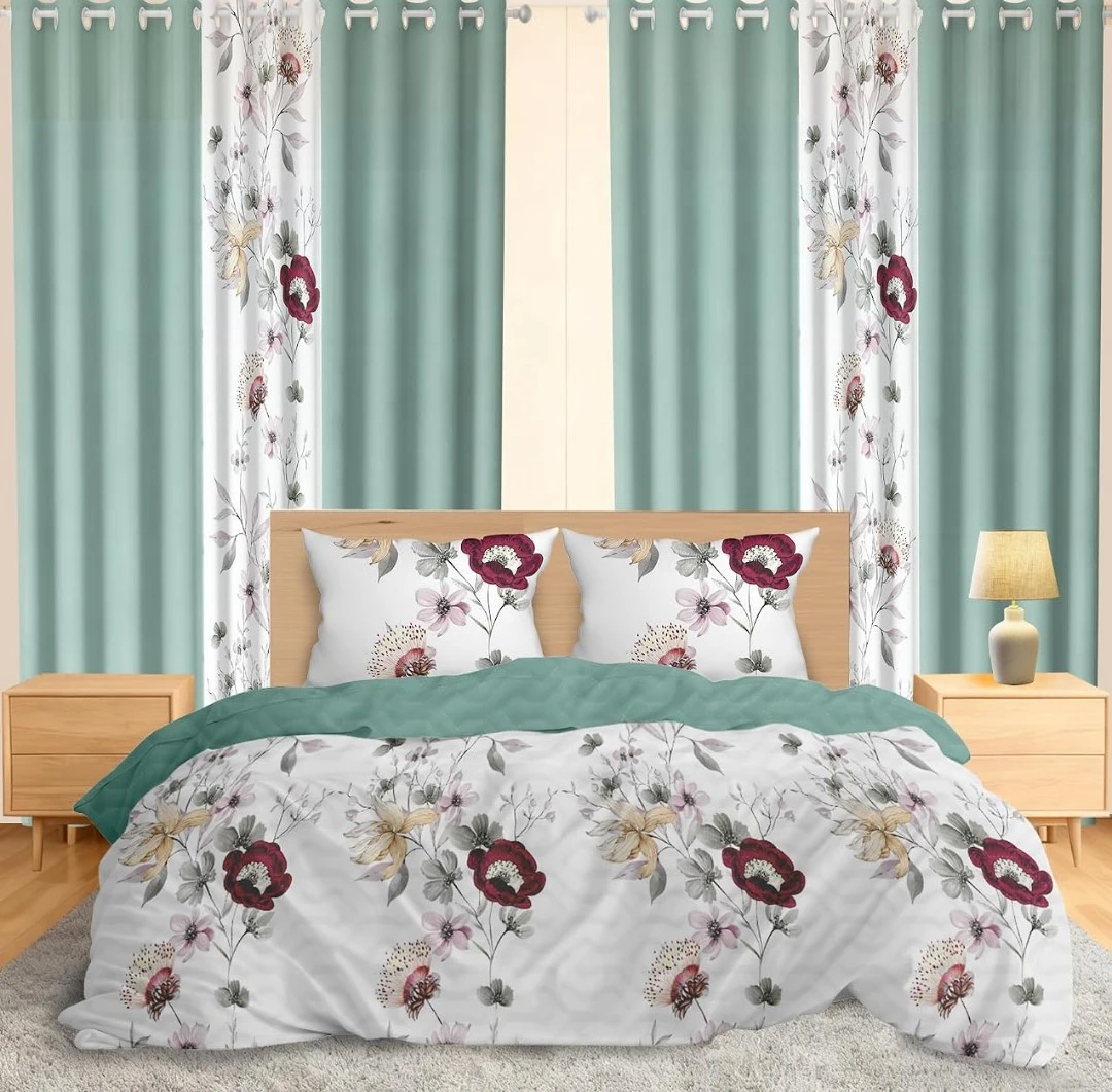 9 Piece Floral Bedspread Set with Curtains