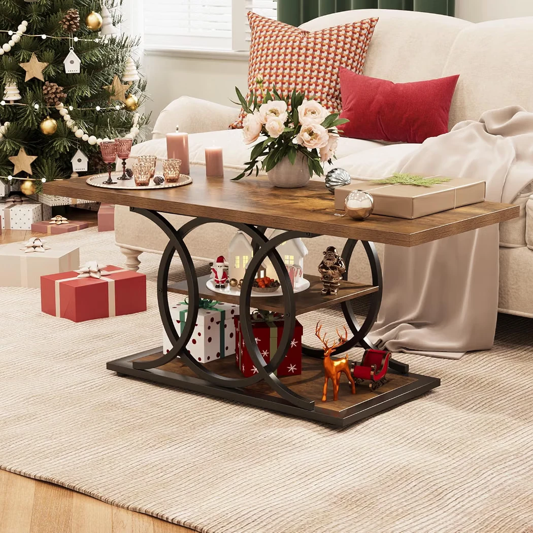 Rustic Wood Coffee Table with Storage Shelves - photo 4