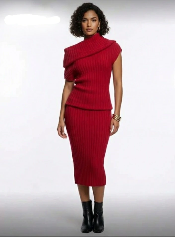 Red Ribbed Knit Sweater Dress