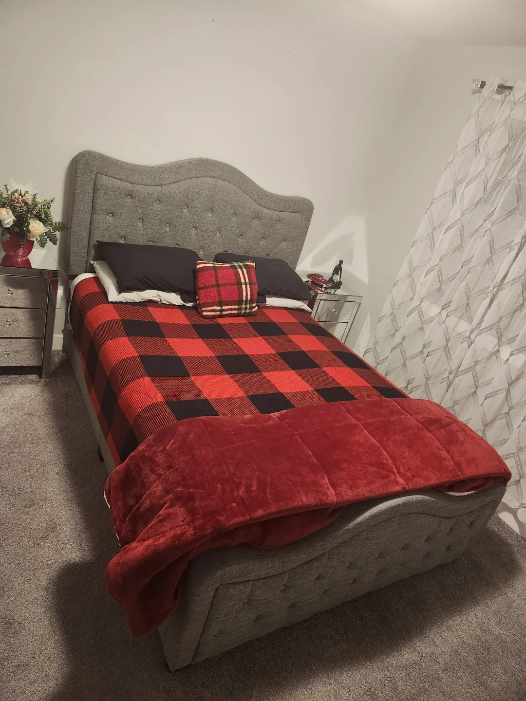 Grey Fabric Upholstered Button-Tufted Bed Frame