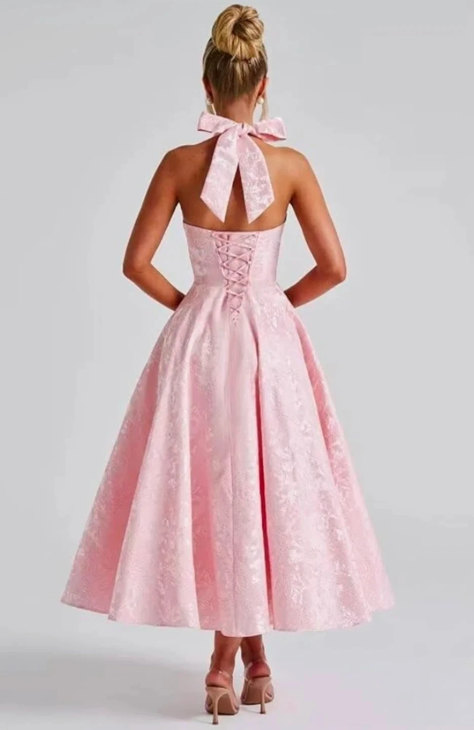 Pink Satin Jacquard Tea Length Halter Dress 🏈 - photo 2