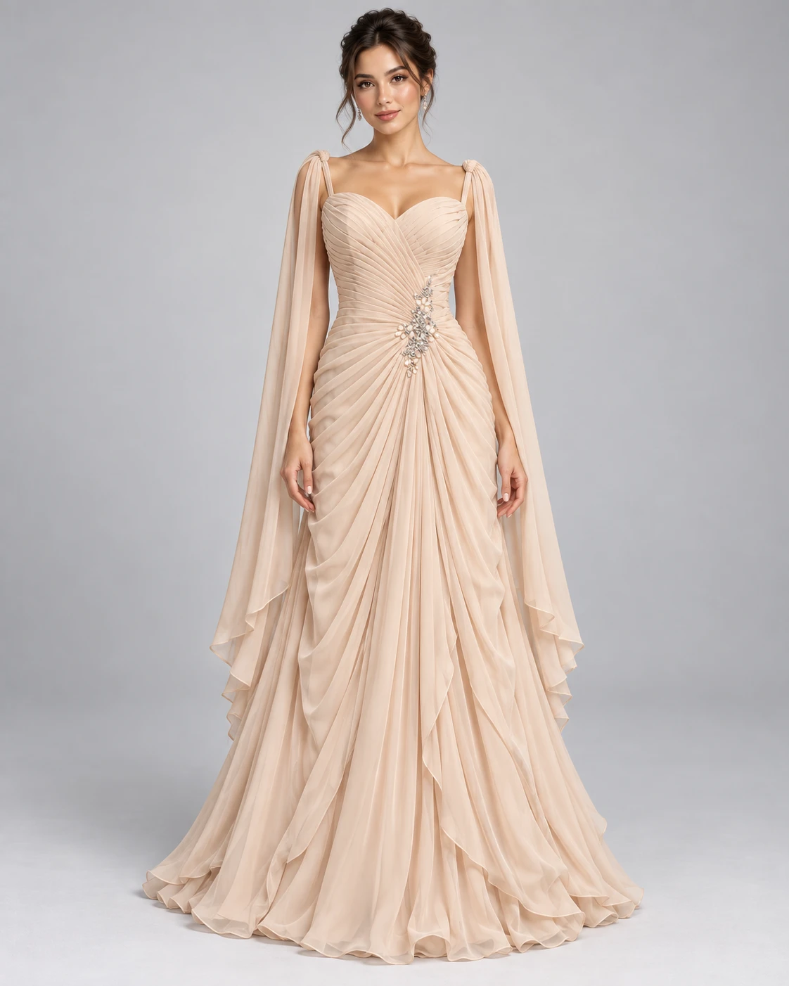 Beige Chiffon Formal Gown with Crystal Accents - photo 3