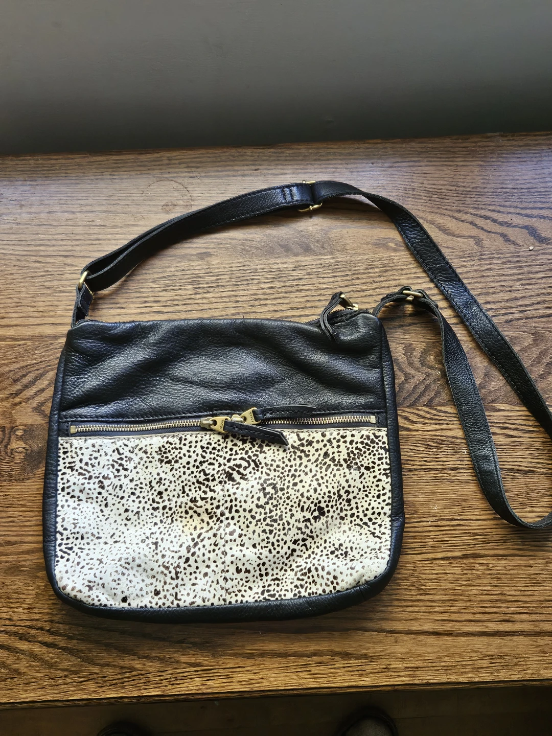 Fossil Black Leather and Animal Print Crossbody Bag