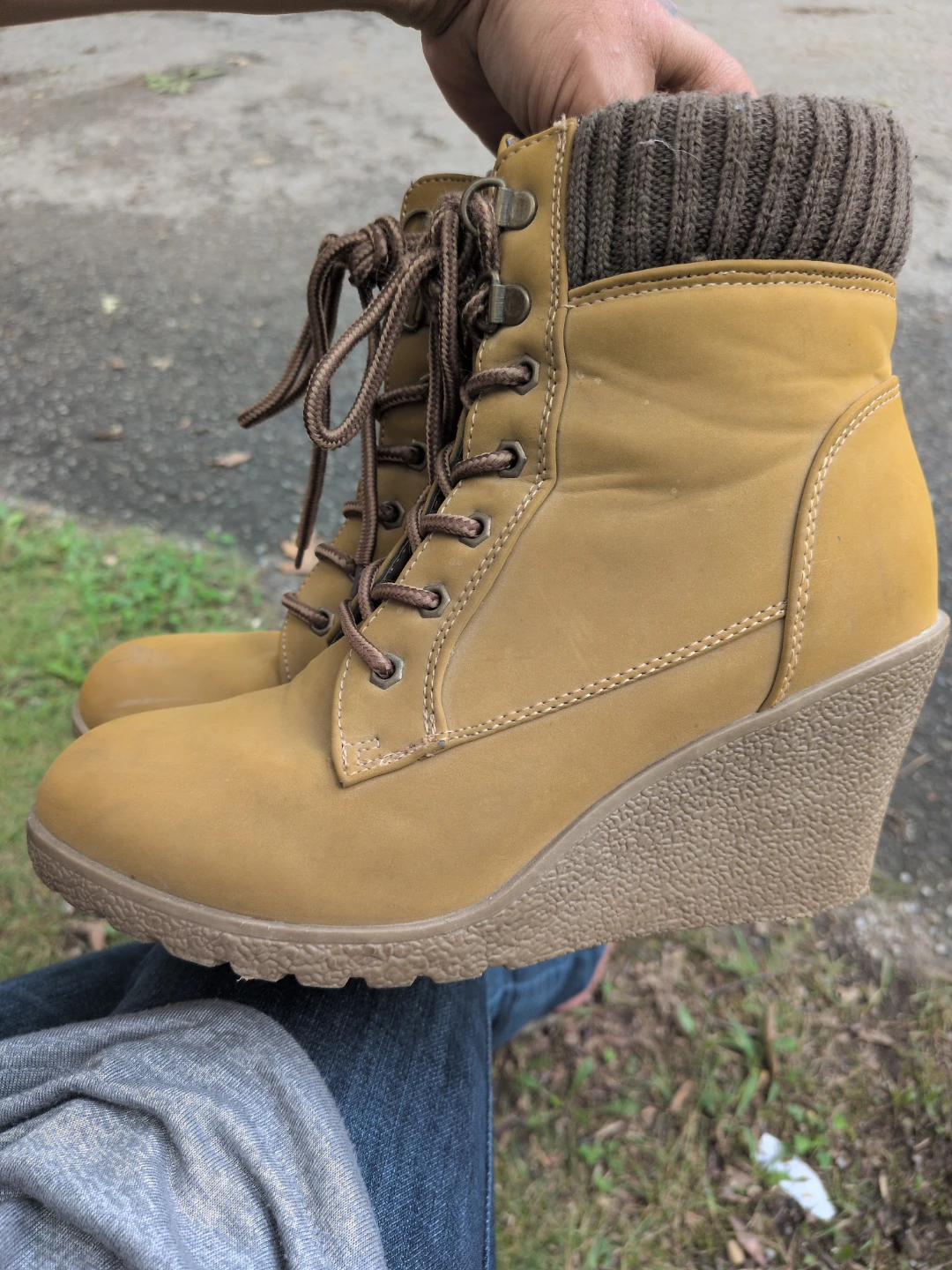 Tan Wedge Lace-Up Boots