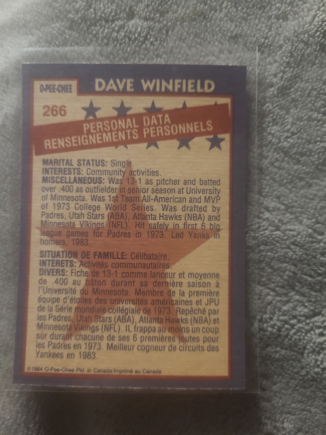 1984 O-Pee-Chee Dave Winfield Baseball Card #266 - photo 2