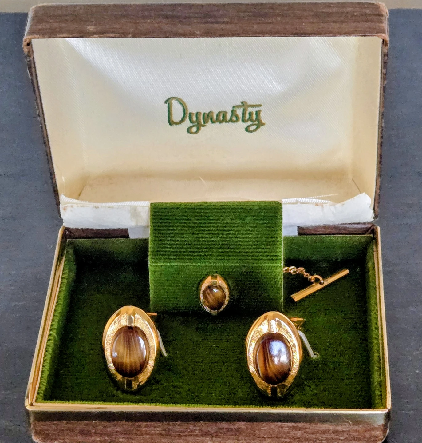 Vintage 1960's "Dynasty" Cufflinks/Tie Tack Set, Tigers Eye