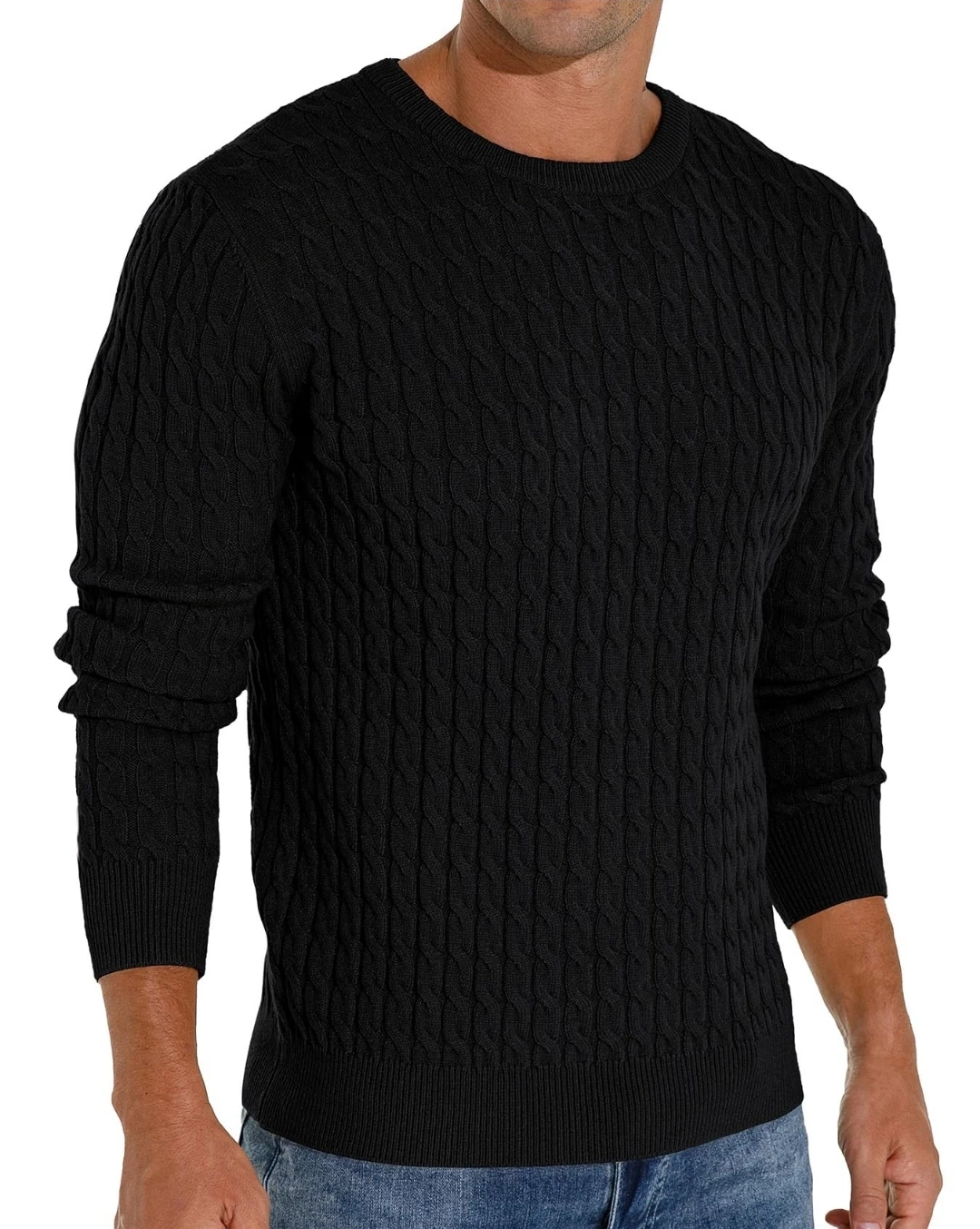 Askdeer Men's Black Cable Knit Sweater