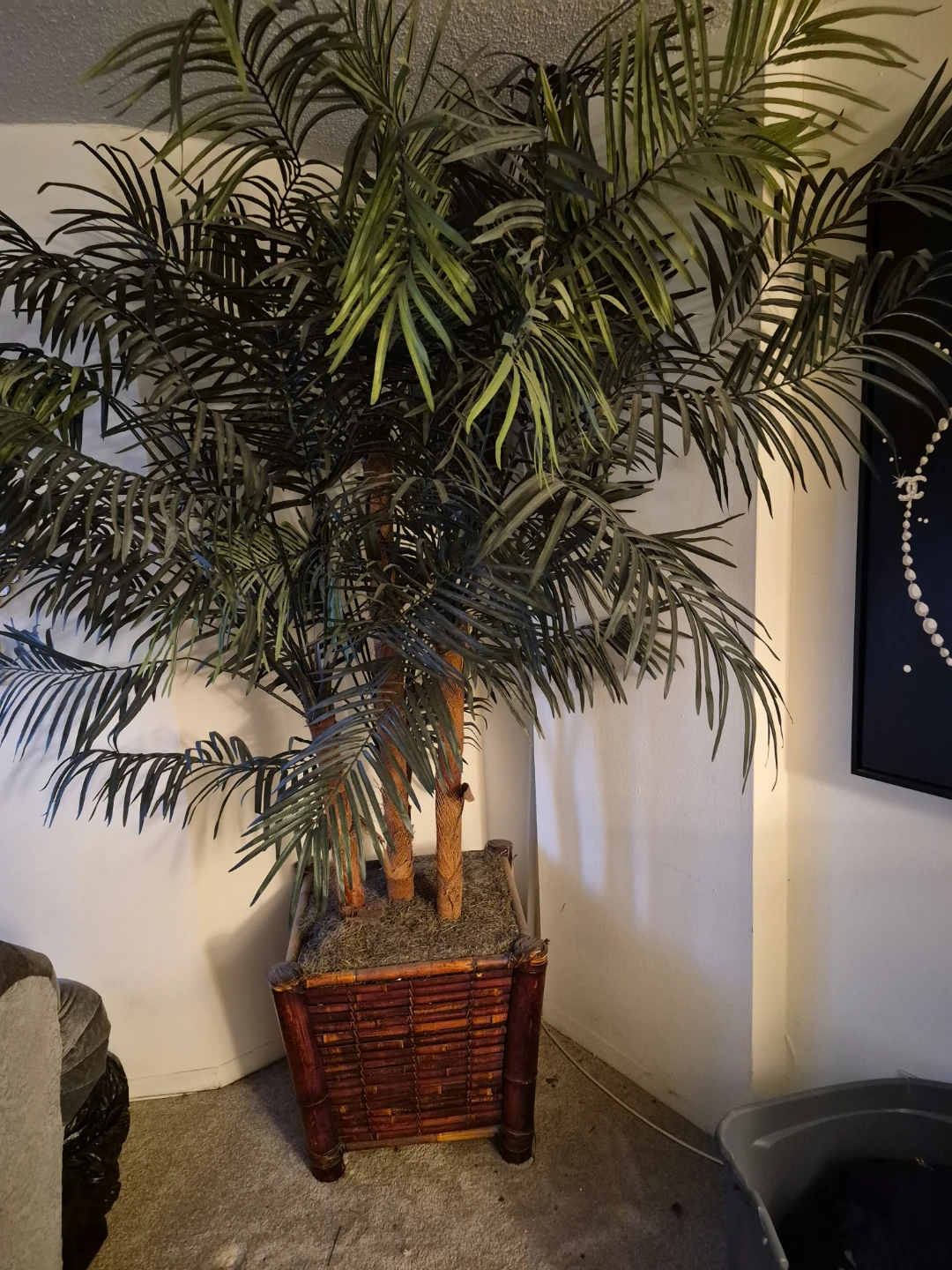 Large Artificial Palm Tree in Woven Bamboo Pot