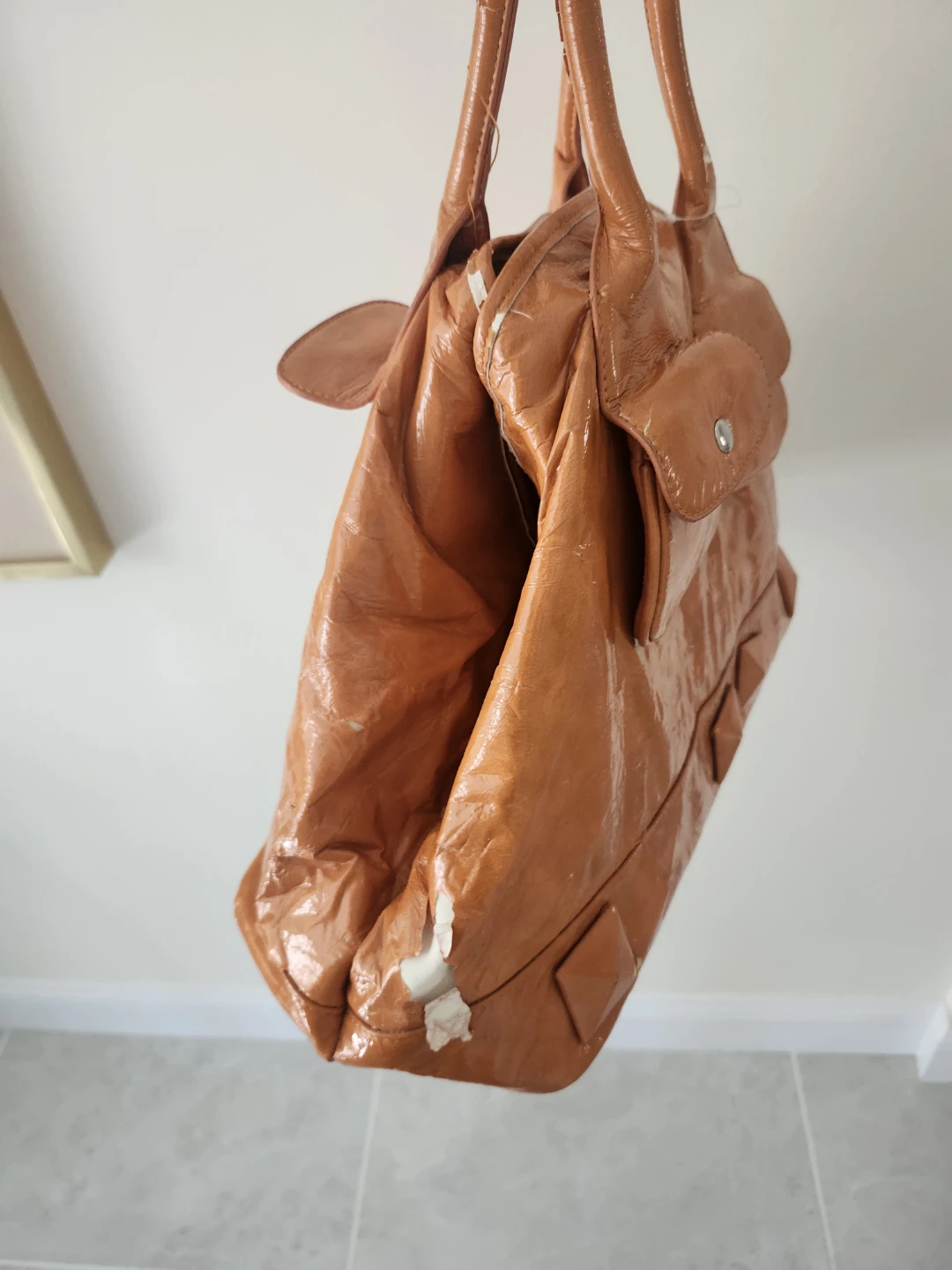 Shiny Orange Faux Leather Satchel Handbag - photo 5