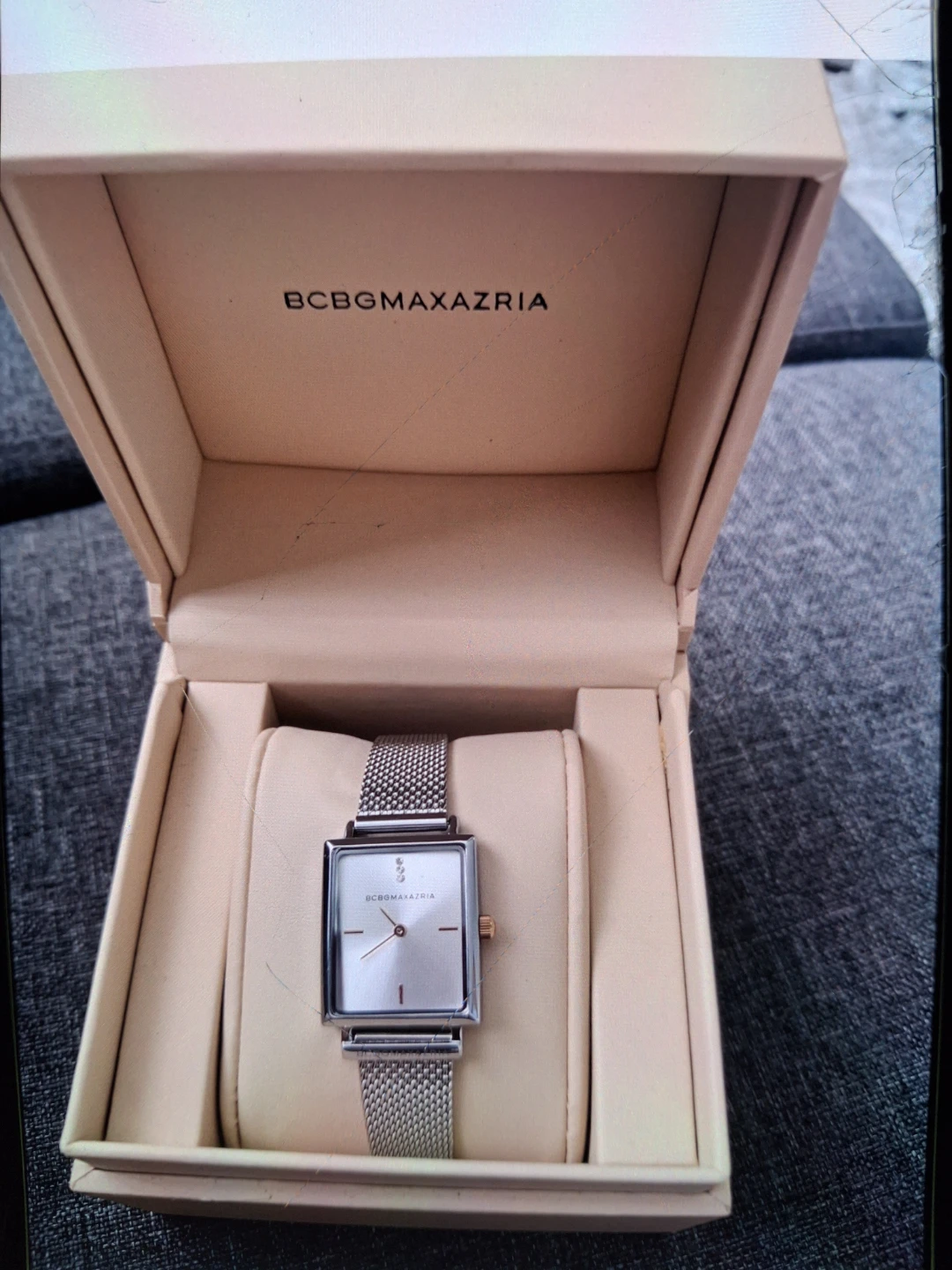 BCBGMAXAZRIA Square Face Mesh Strap Watch