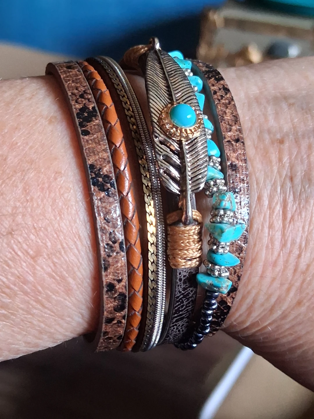 Boho/ Navajo unisex 6 Layer Bracelet with Turquoise and Feather - photo 2