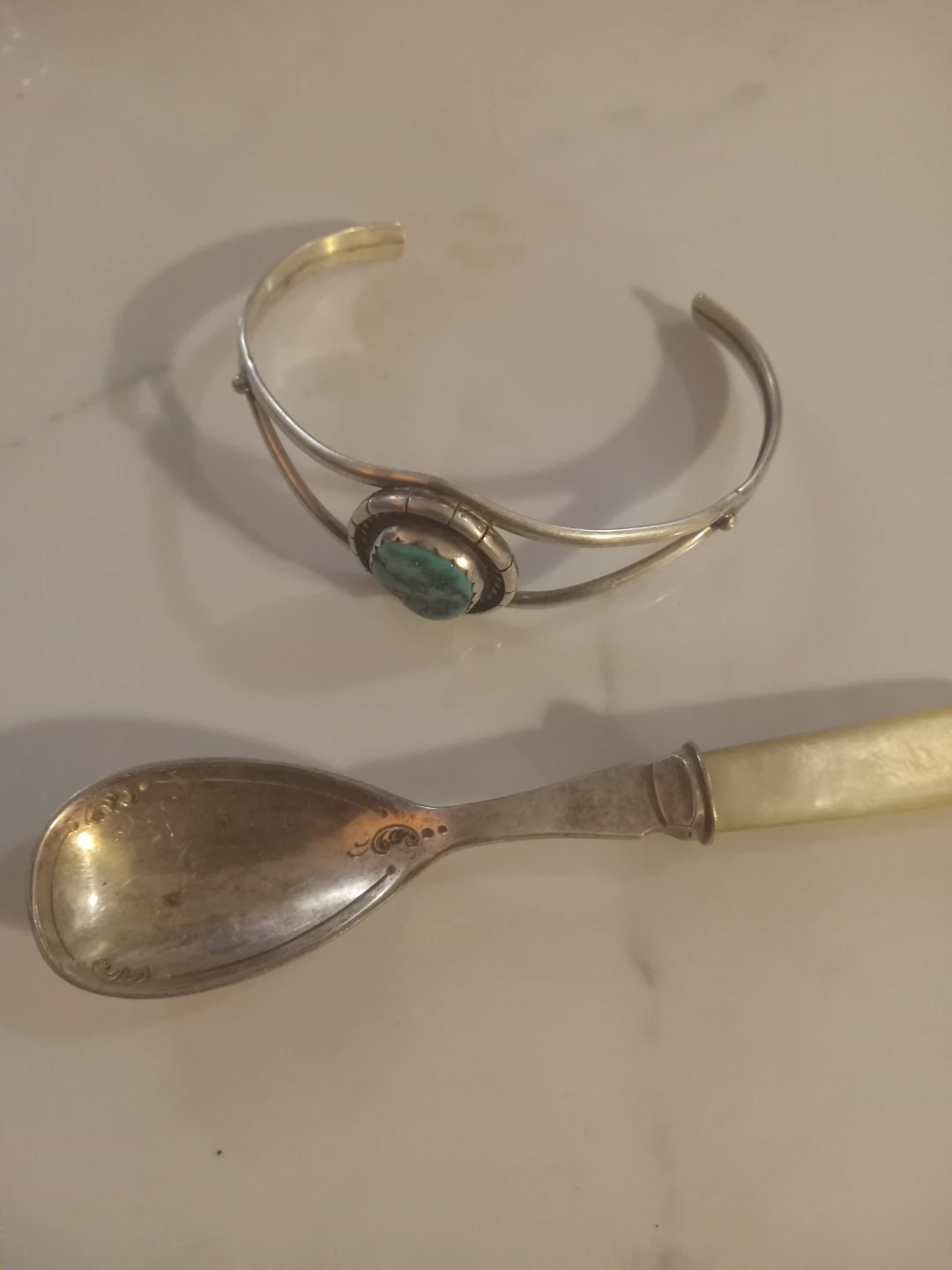Vintage silver plated spoon and turquoise cuff bracelet