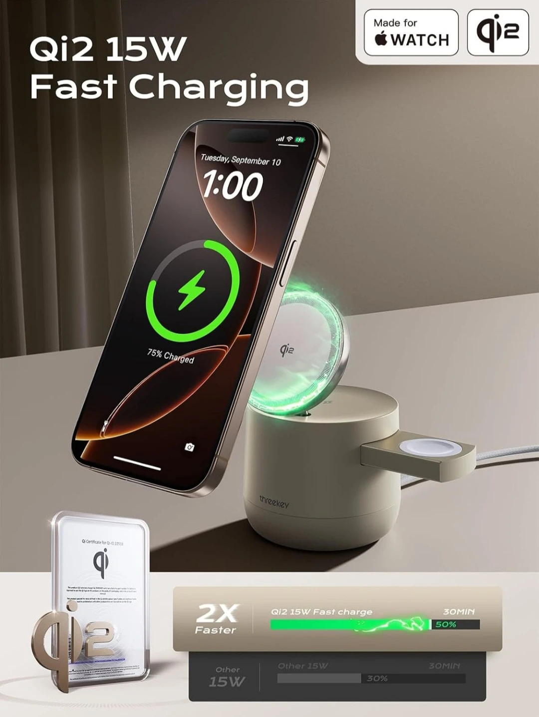 threekey Qi2 15W Fast Charging Station for Watch & Phone - photo 4