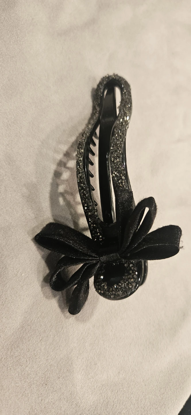 Black rhinestone hair clip with ribbon bow