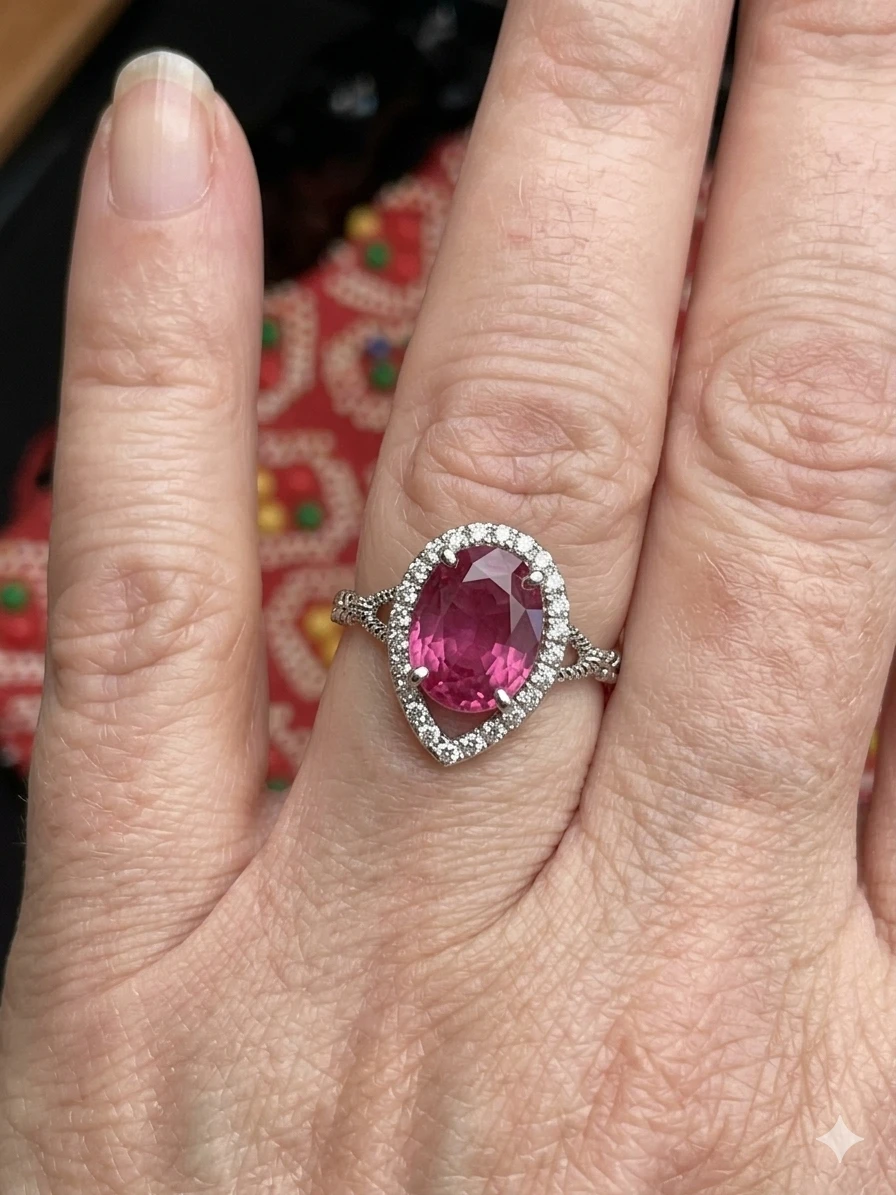 Artisan S925 Sterling Silver Halo Ring – Vibrant Magenta