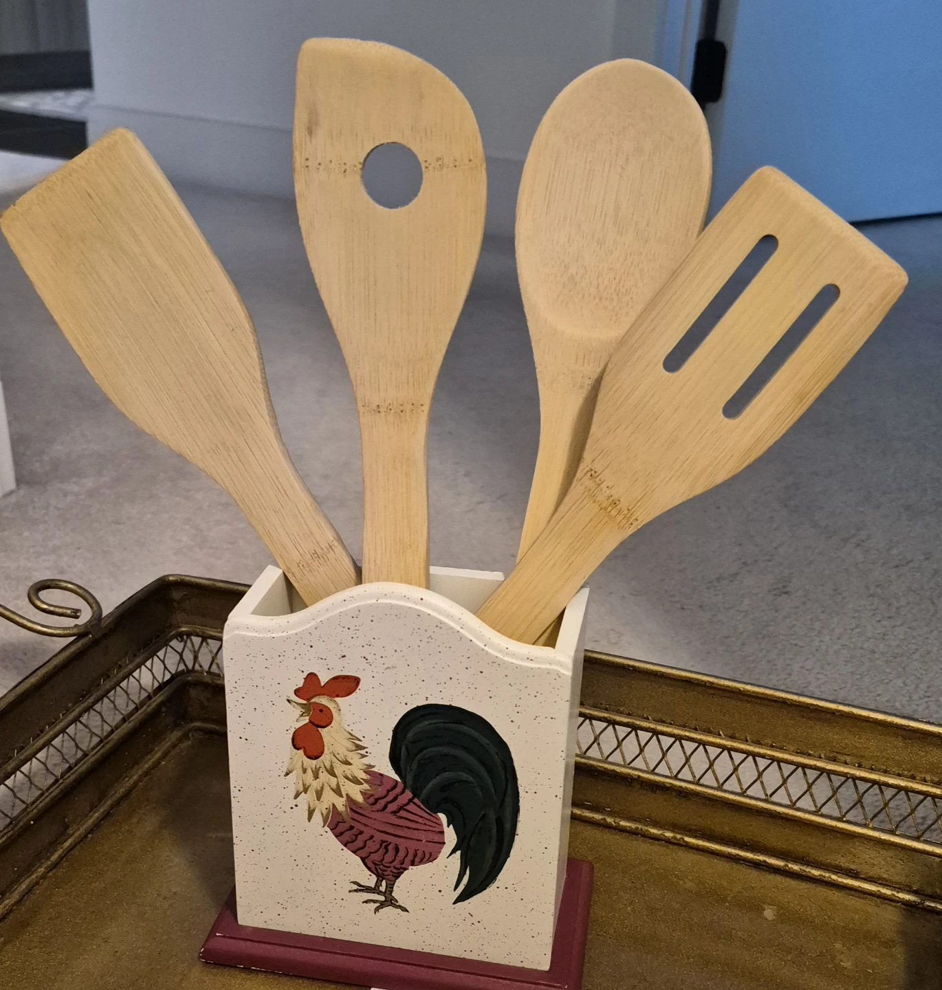 Bamboo Kitchen Utensil Set with Rooster Holder