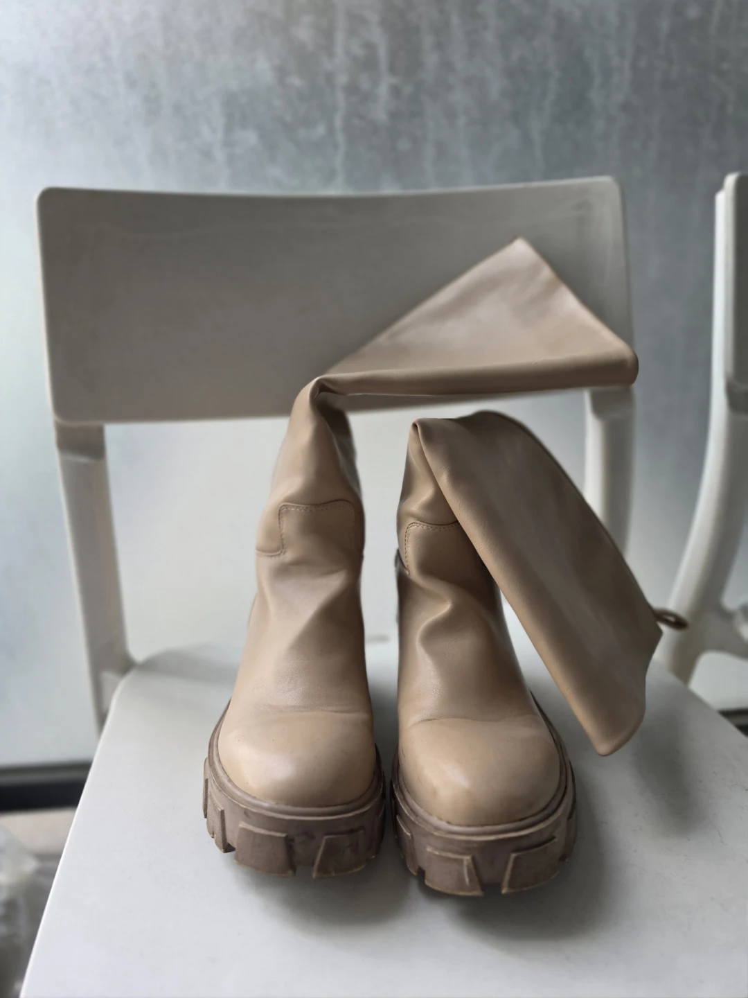 Beige Faux Leather Knee-High Boots - photo 2
