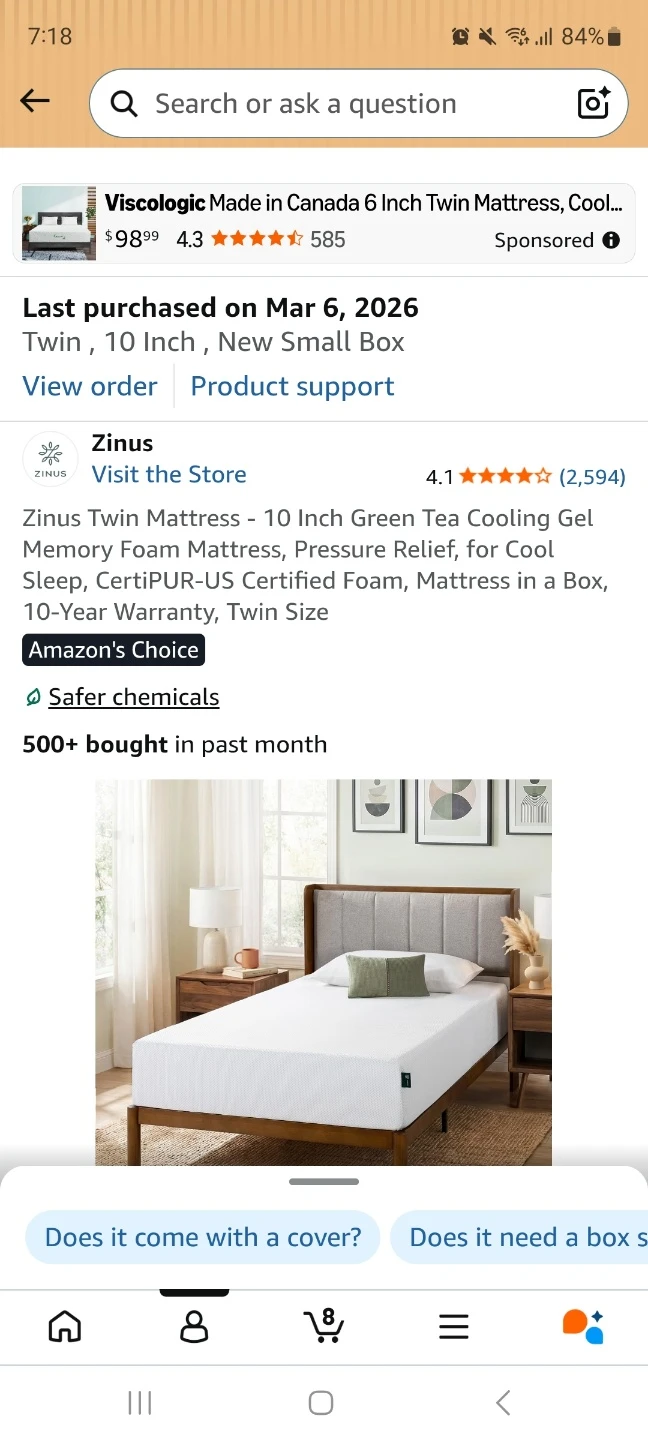 Zinus 10 Inch Twin Green Tea Cooling Gel Memory Foam Mattress