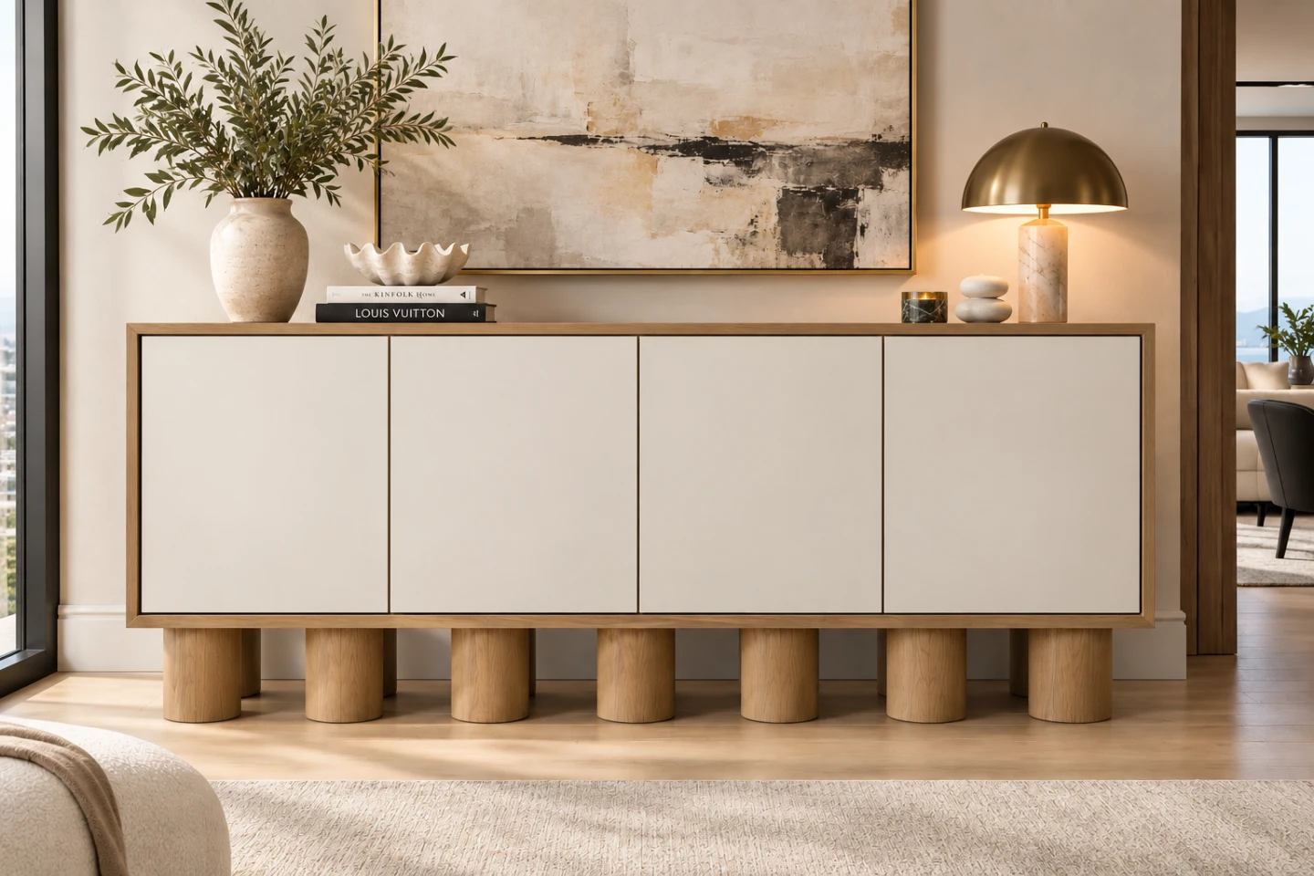 Modern Wood and Cream Four-Door Sideboard