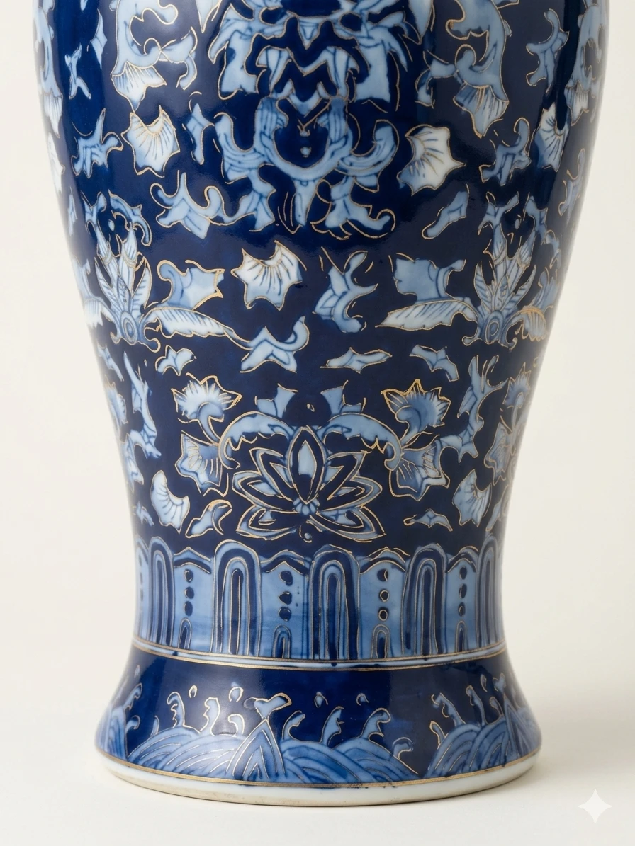 12" Chinese Satsuma Cobalt Blue Porcelain Vase - Gold Gilt Trim - photo 3