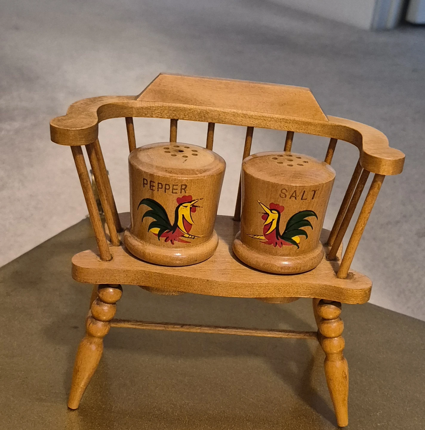 Vintage Wooden Rooster Salt and Pepper Shakers with Bench - photo 4