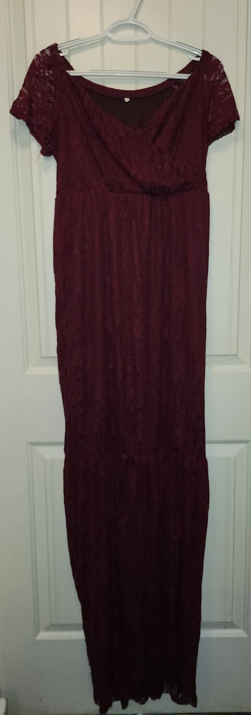 Burgundy Lace Off-the-Shoulder Maxi Dress