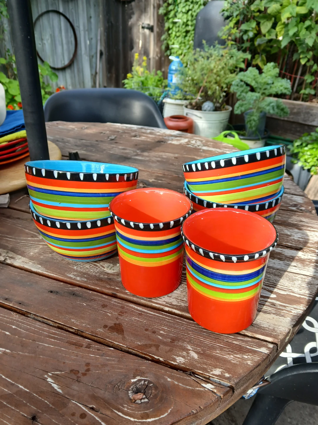 Set of 6 Multi-Coloured Ceramic Mugs and Bowls