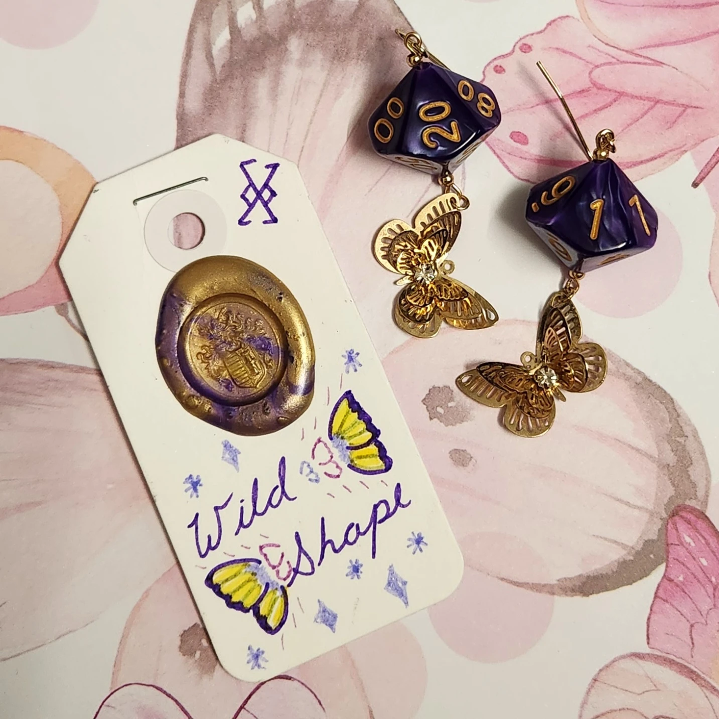 Purple D20 Die Earrings with Butterflies