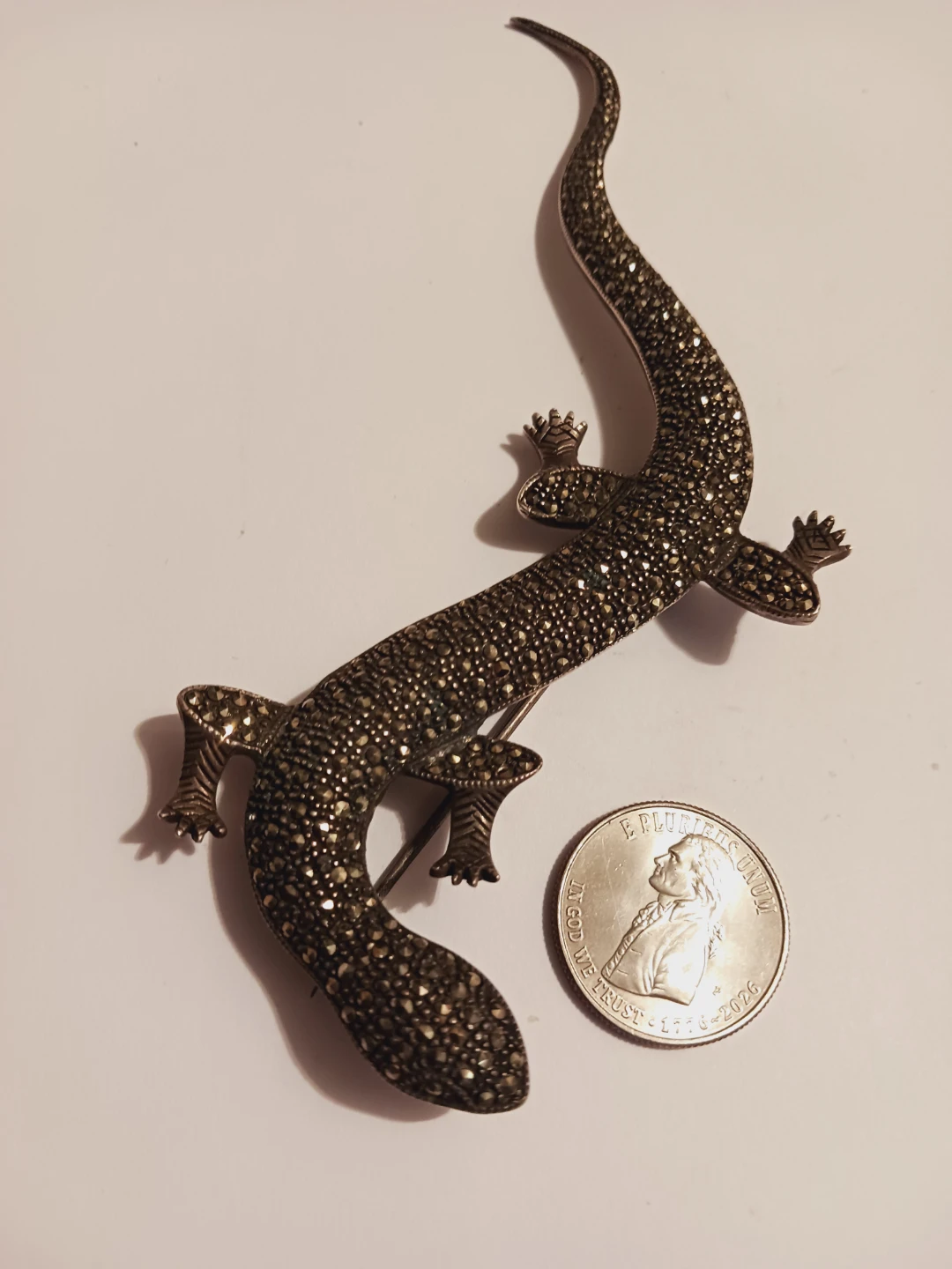 Oversized Sterling Silver 925 Marcasites Lizard Brooch - photo 2