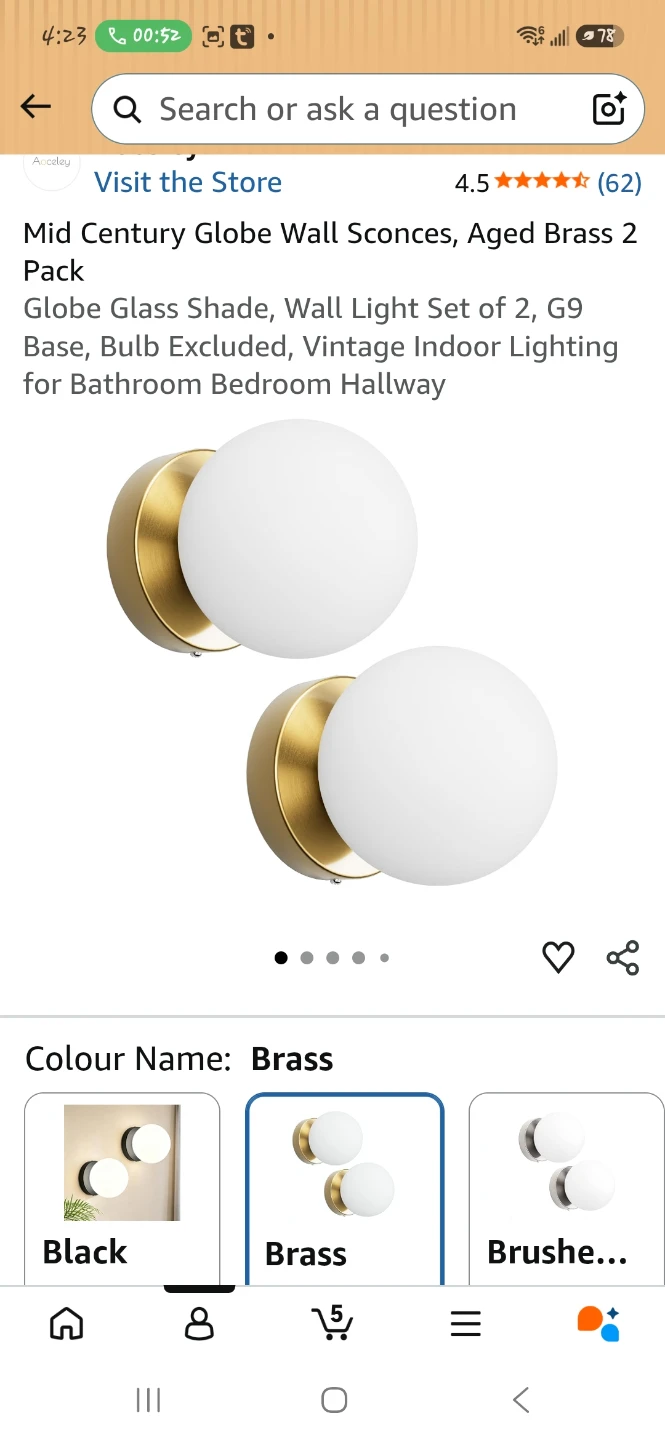 Set of 2 Mid-Century Globe Wall Sconces - Aged Brass