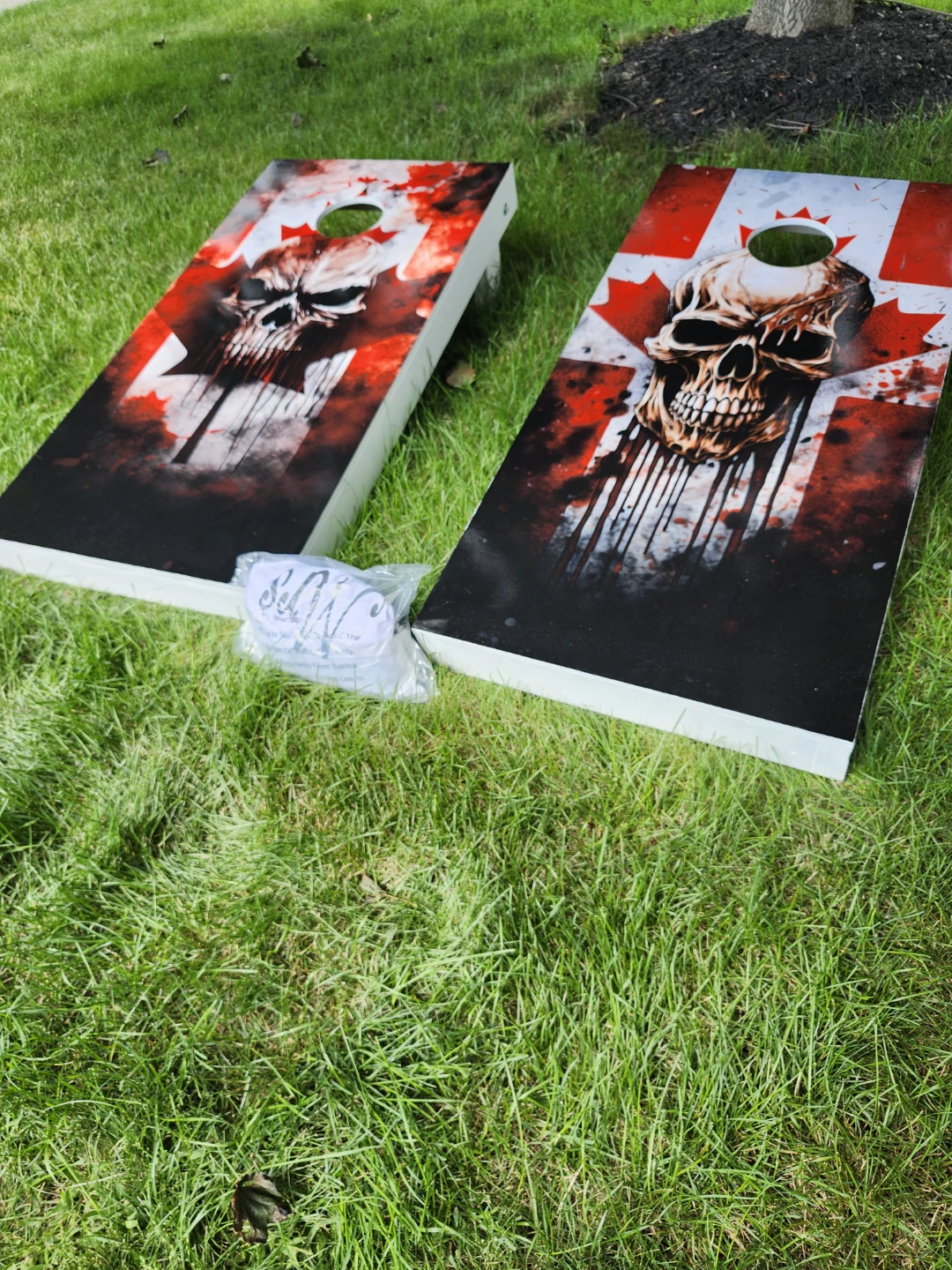Cornhole Boards with Canadian Flag and Skull Design